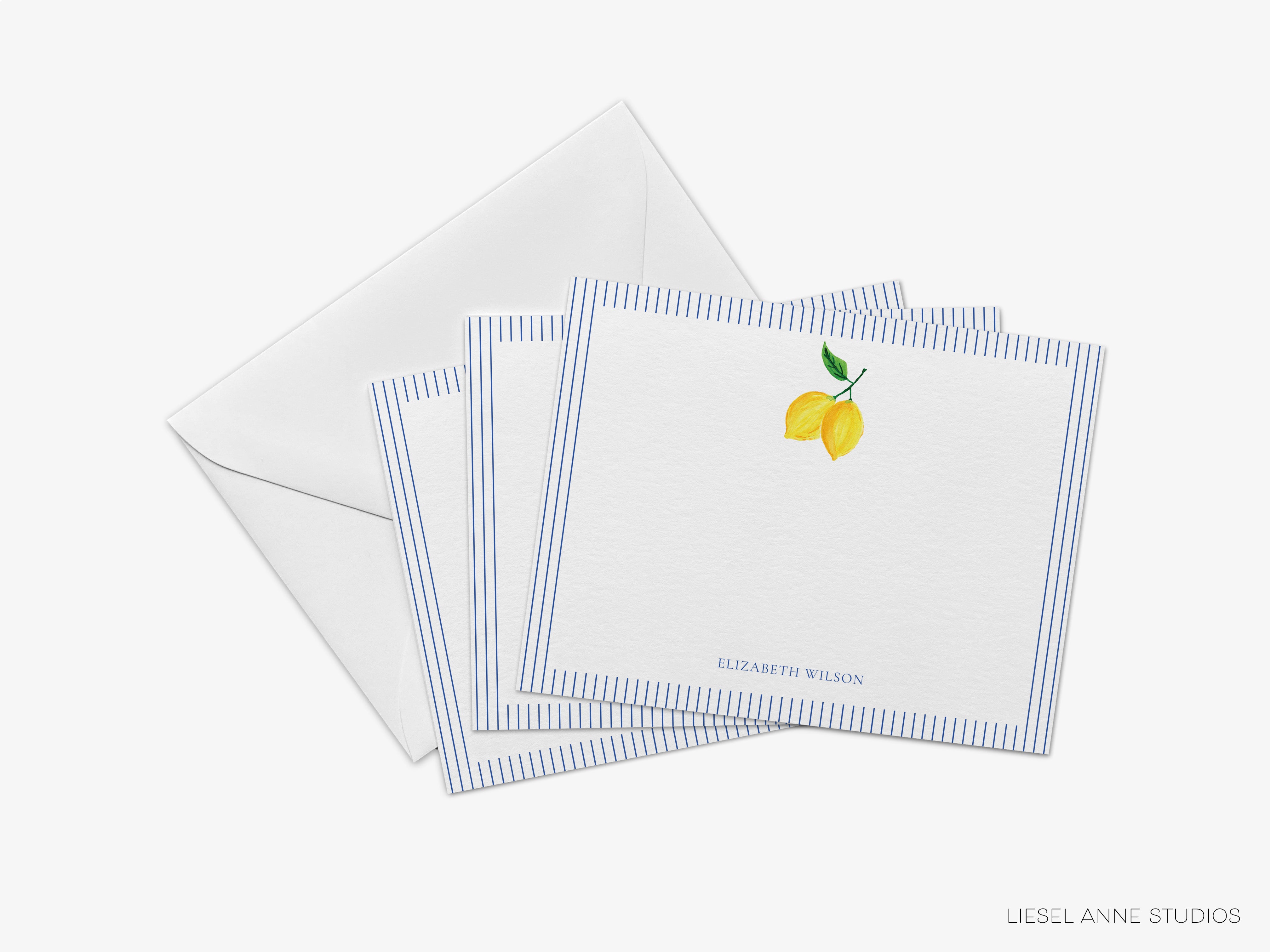 A set of four square postcards with blue and white striped borders, each featuring a yellow lemon illustration. The postcards are neatly arranged on top of an envelope.