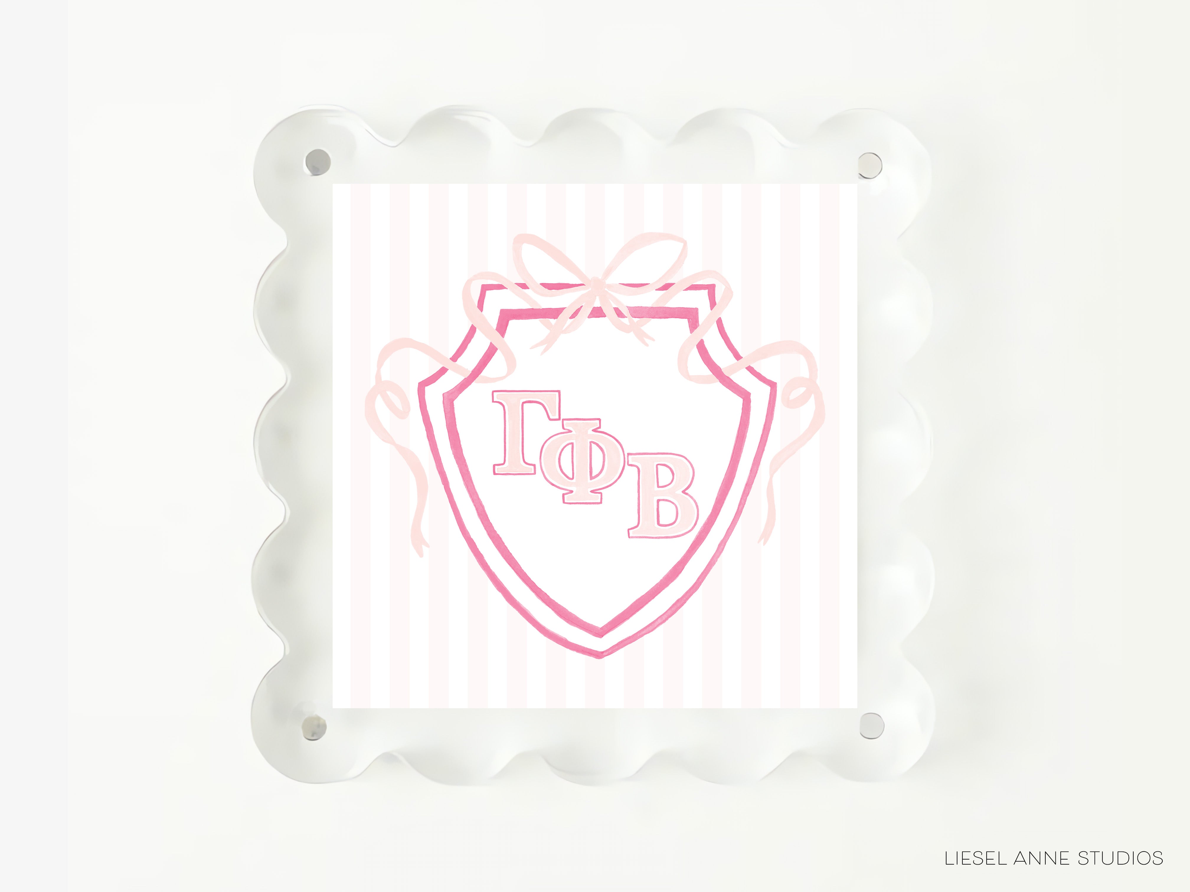 A square image with a pink and white striped background, featuring a shield-shaped logo with the letters 'ΦΑ' in the center.