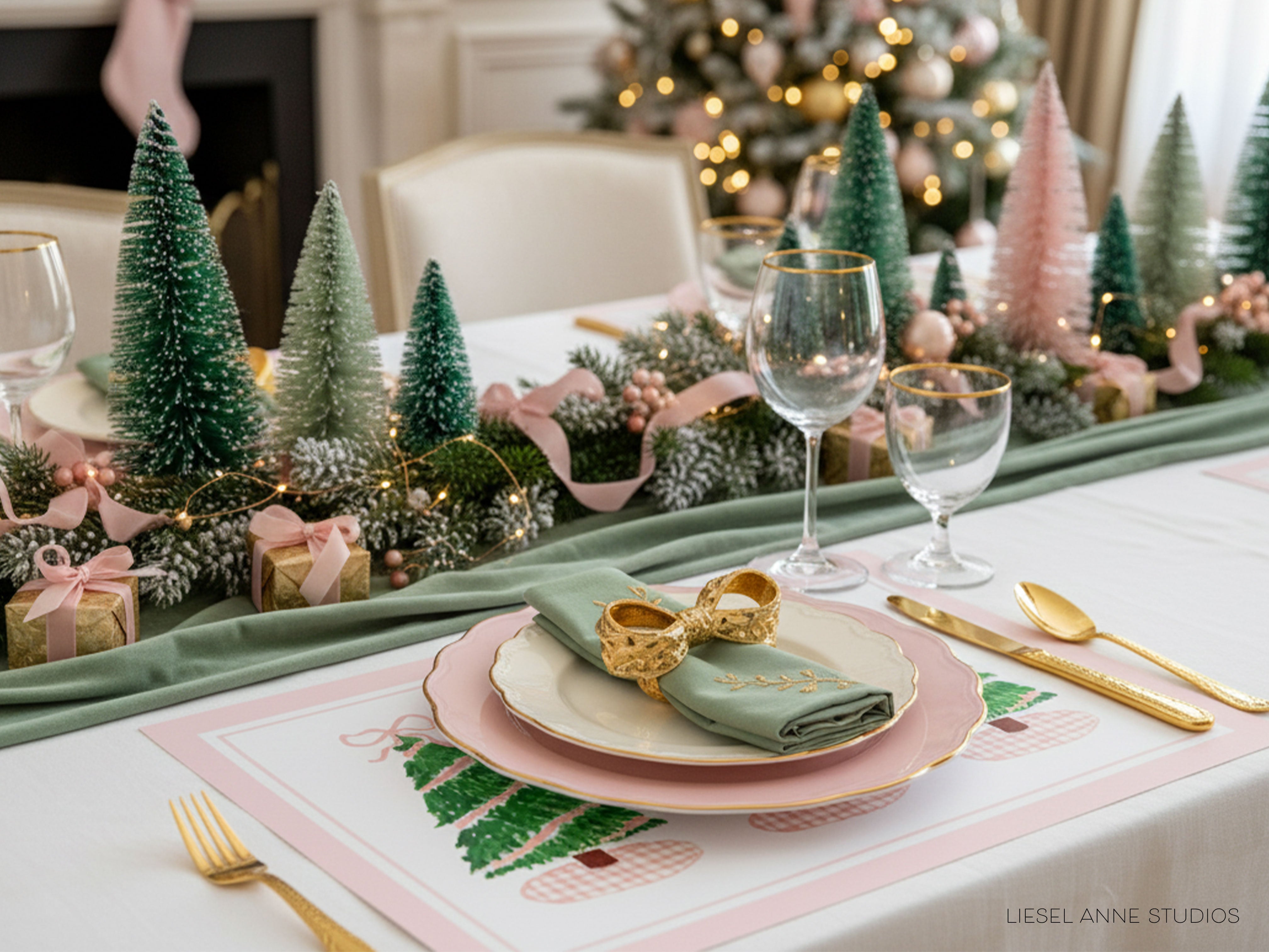 a beautifully decorated Christmas table with a festive green and pink color scheme. The table is set with a white tablecloth, and the centerpiece is a Christmas tree adorned with ornaments and lights. The table is also set with wine glasses, plates, and silverware, creating an elegant and inviting atmosphere for a holiday meal.