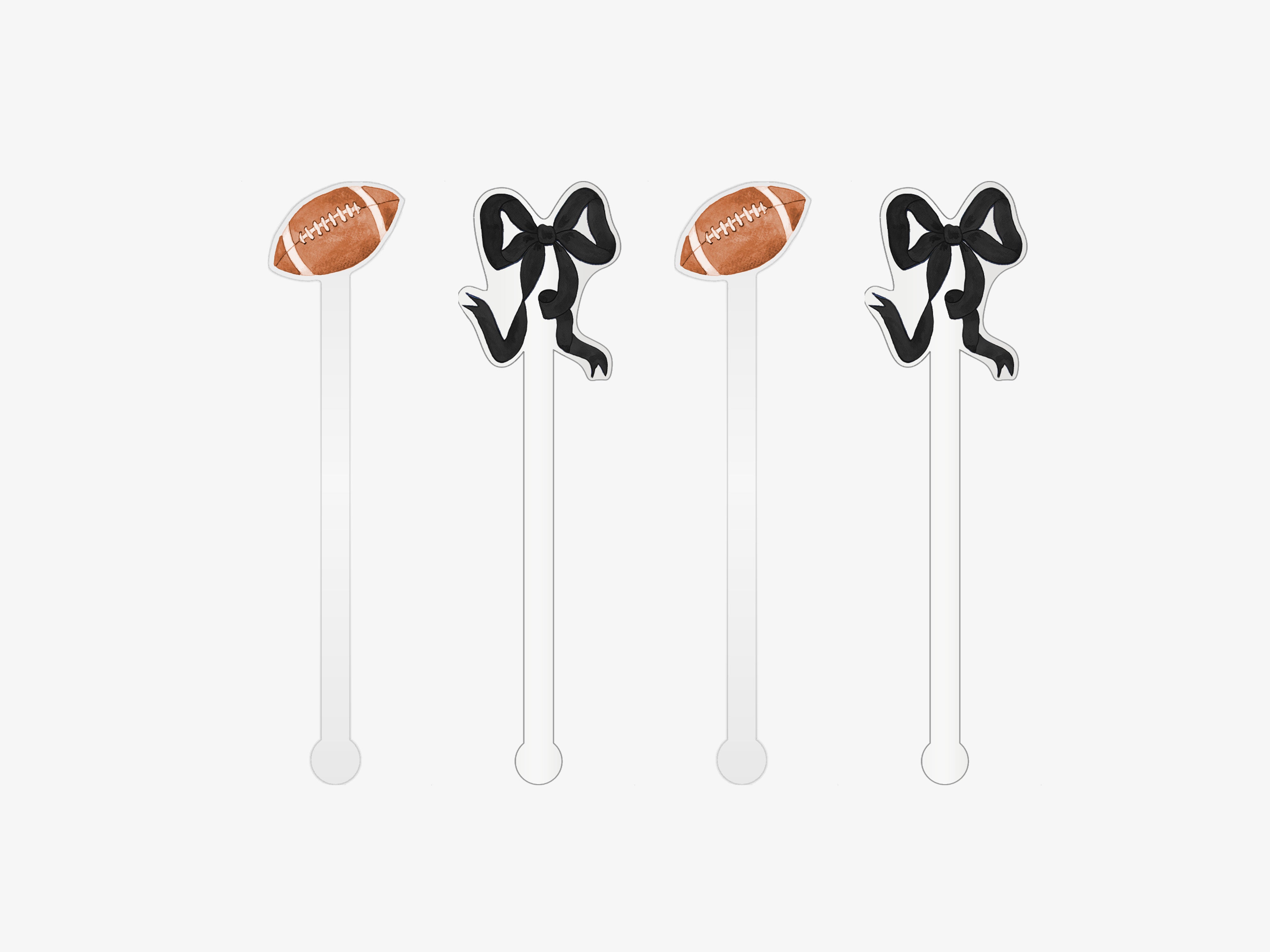 four football-themed cocktail stirrers, each featuring a football and a bow on a stick.