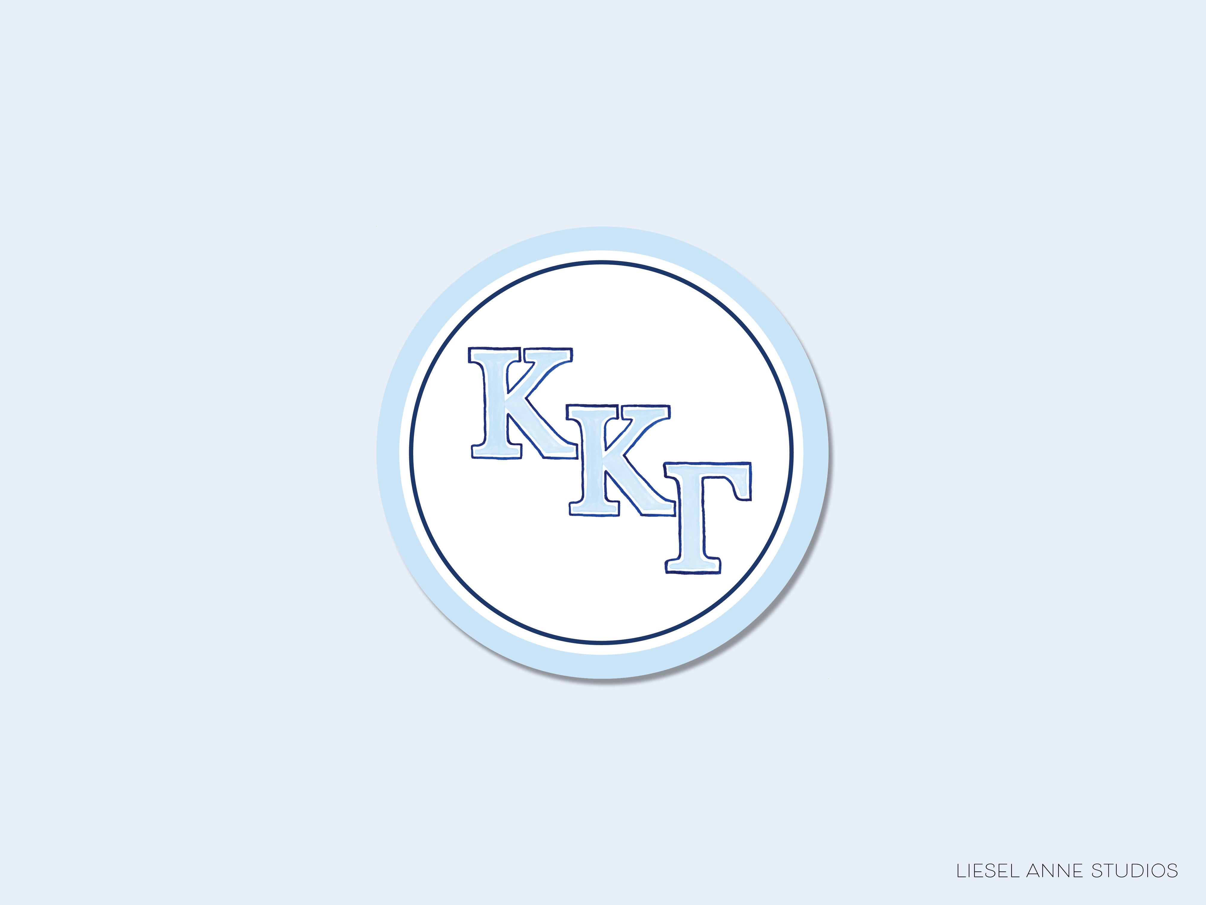 a white and blue circle with the letter k in it