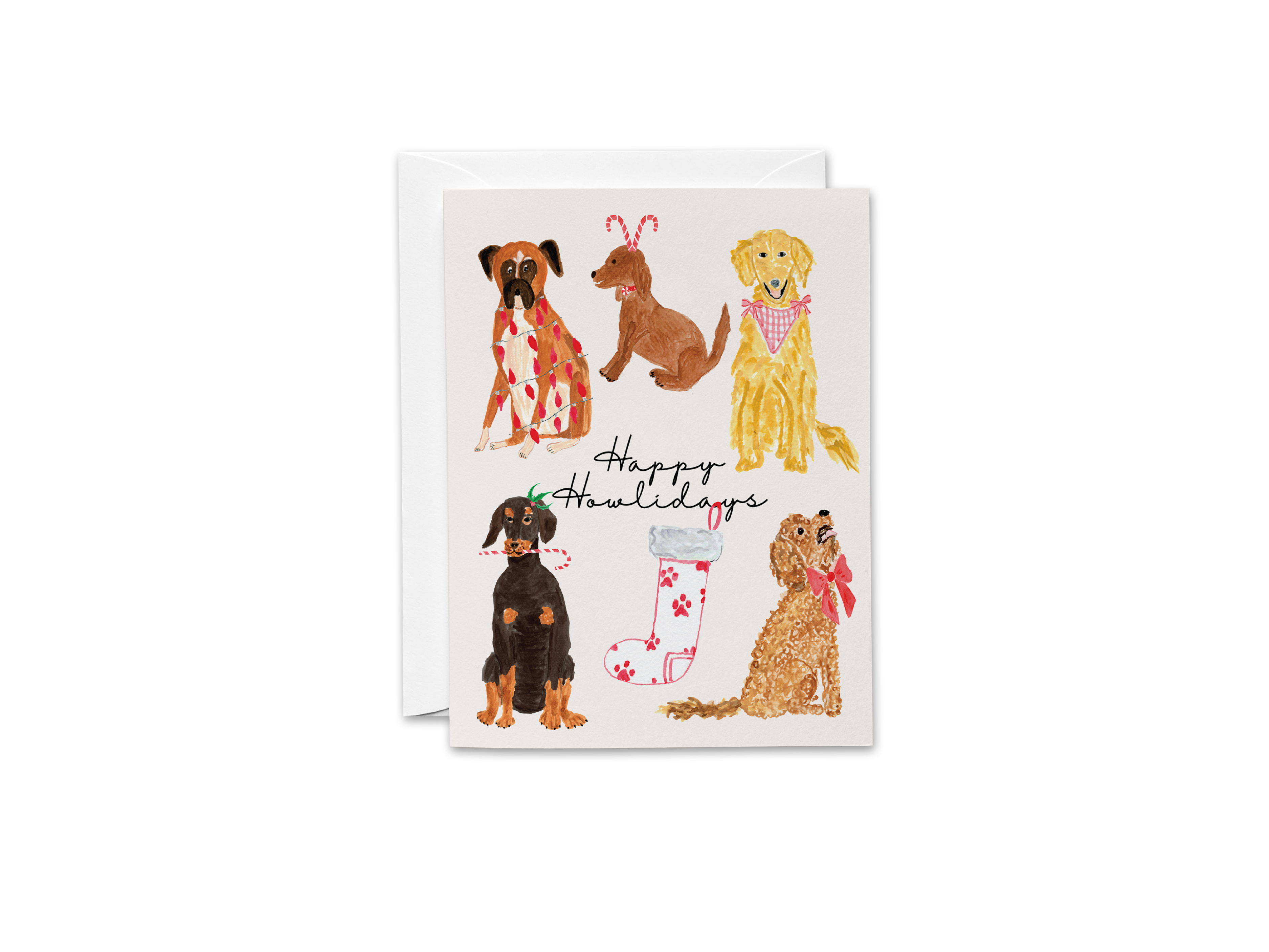 A greeting card featuring illustrations of various dogs in different poses and outfits, along with the text "Happy Holidays".