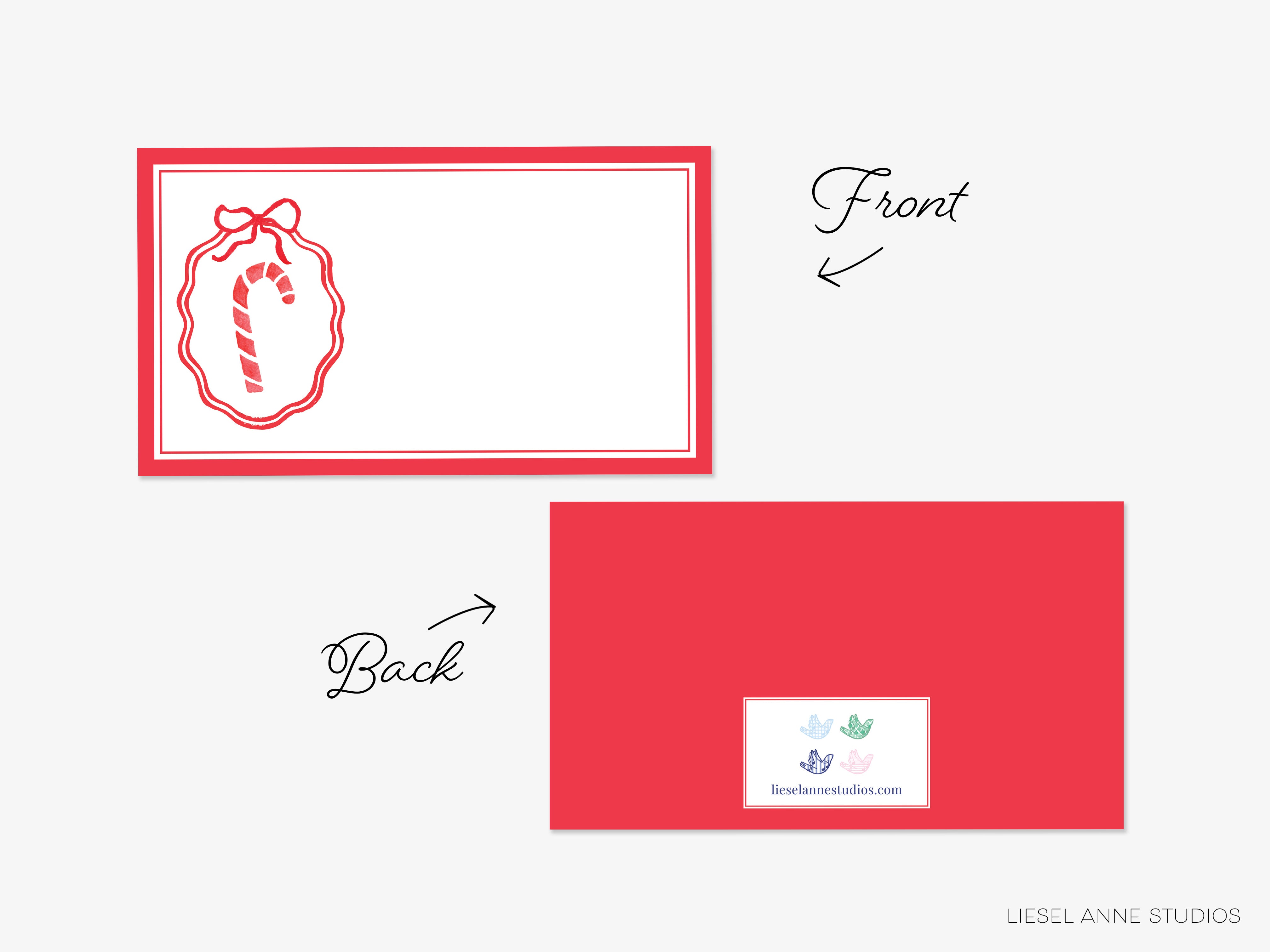 a red and white design with a candy cane and a red background. There is a "Front" and "Back" arrow pointing to the design, indicating the direction of viewing. The image also includes a small white label with text and a website address.