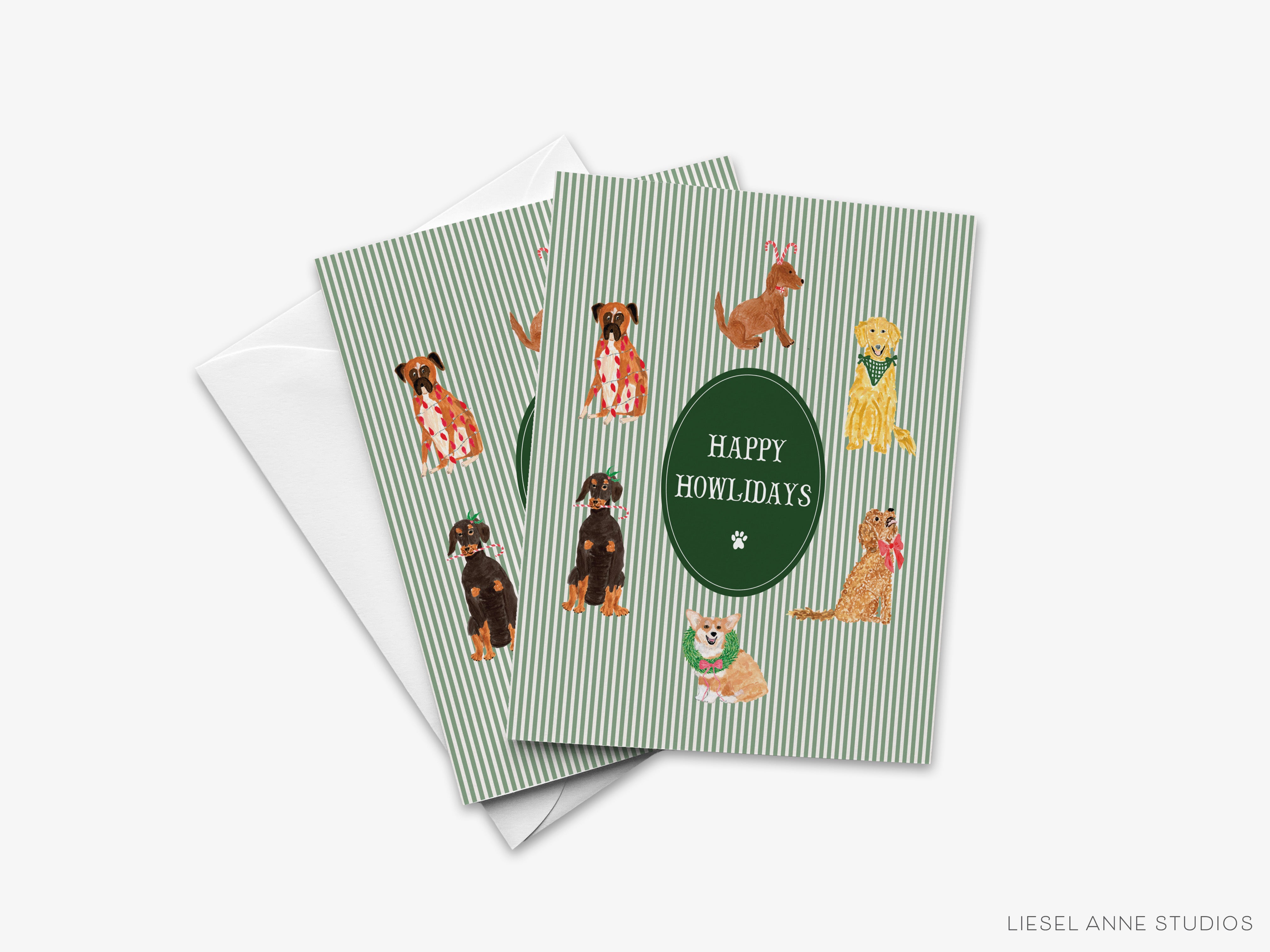 A greeting card featuring illustrations of various dog breeds, including a golden retriever, a corgi, and a dachshund, along with the text "Happy Holidays" and a green oval.