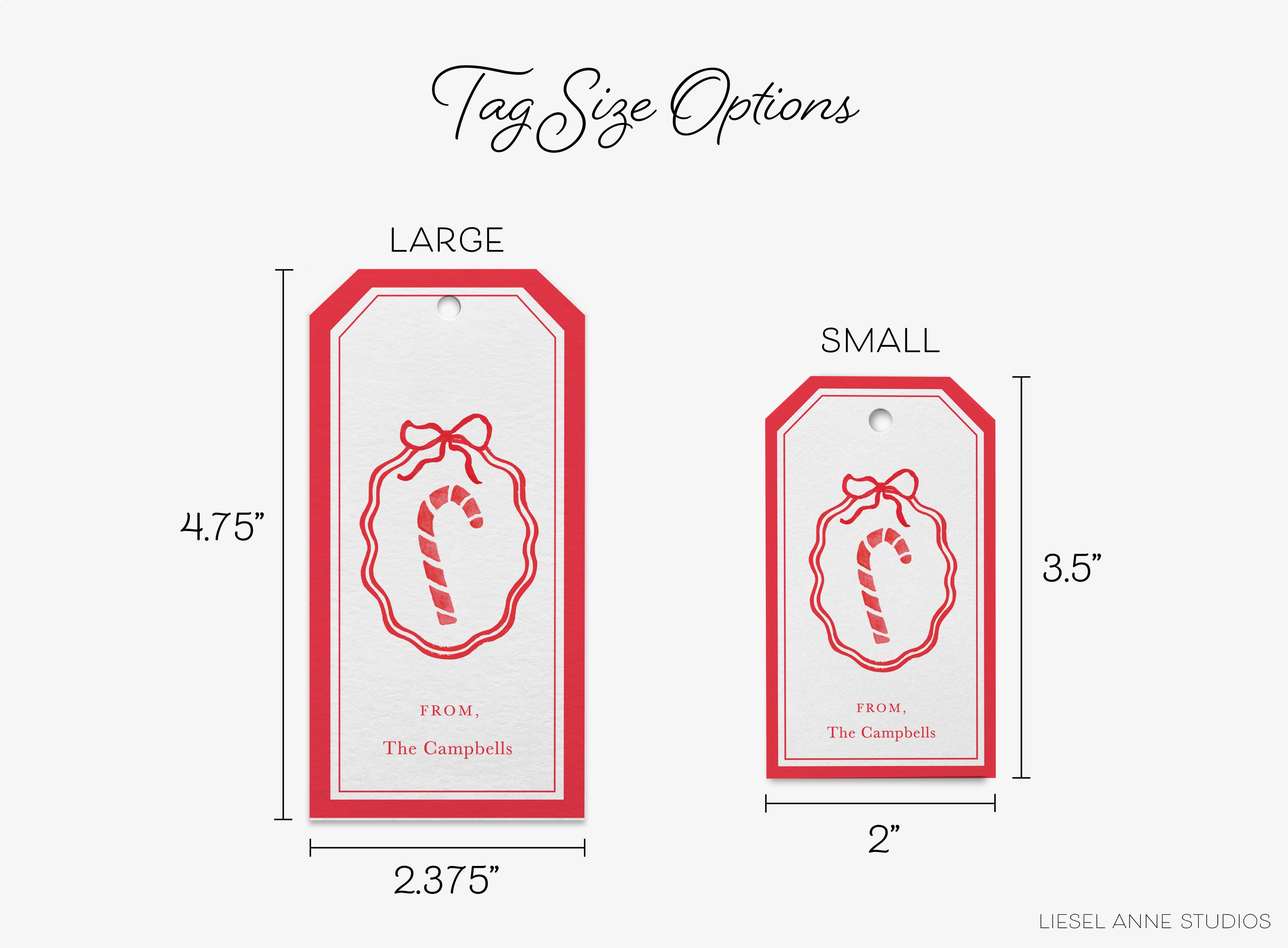 tag size options for a large and small tag, with dimensions provided in inches.