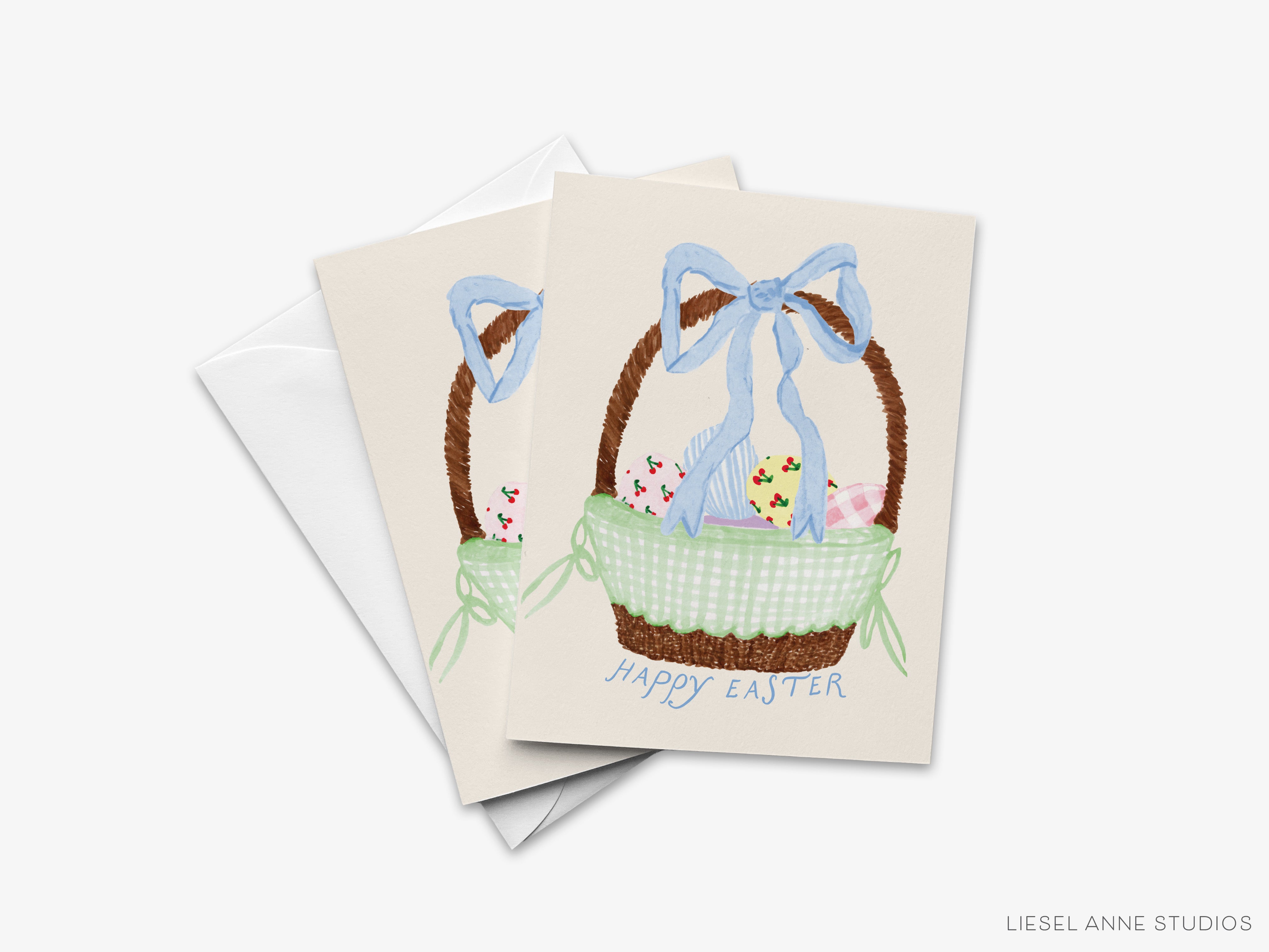 A greeting card with an illustration of a basket filled with Easter eggs and a blue bow, along with the text "Happy Easter".