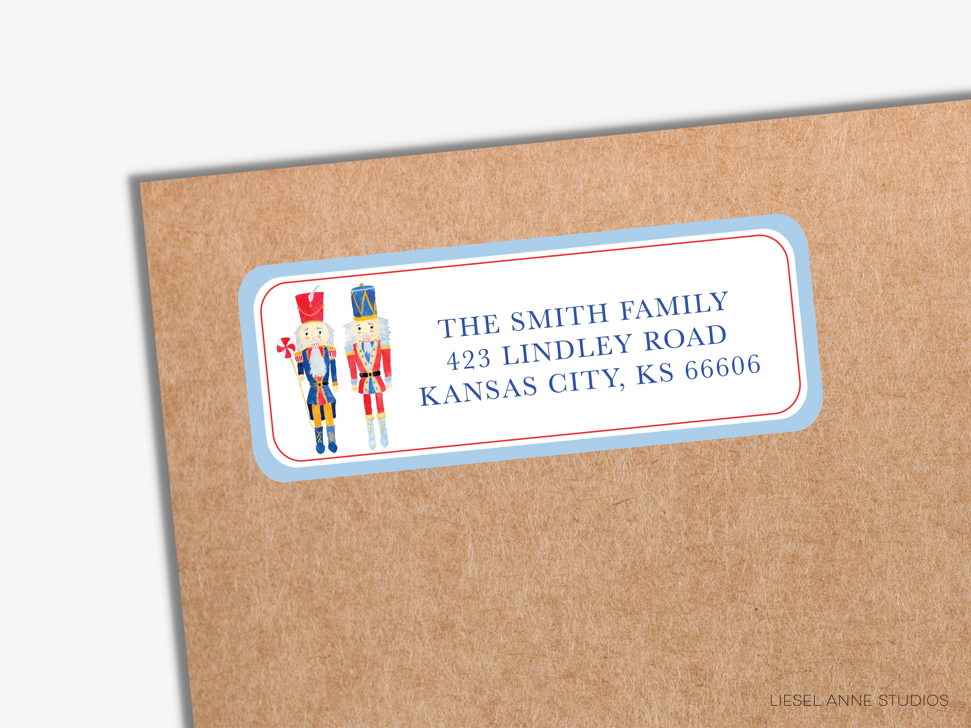 a label with a nutcracker and a nutcracker's head, along with the text "THE SMITH FAMILY 423 LINDLEY ROAD KANSAS CITY, KS 66606".