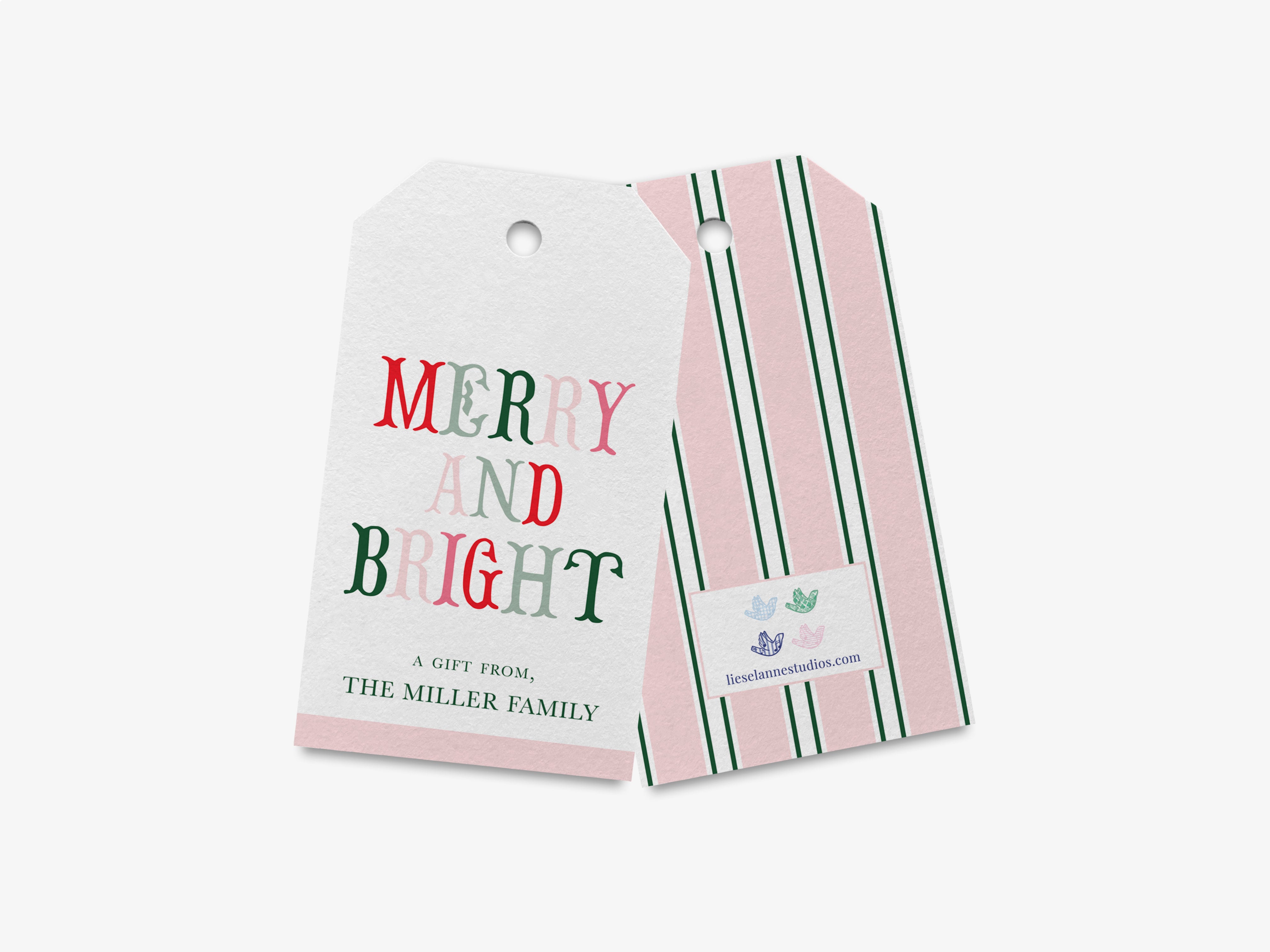 two tags with text and logos, one tag with a striped pattern and the other tag with a plain background.