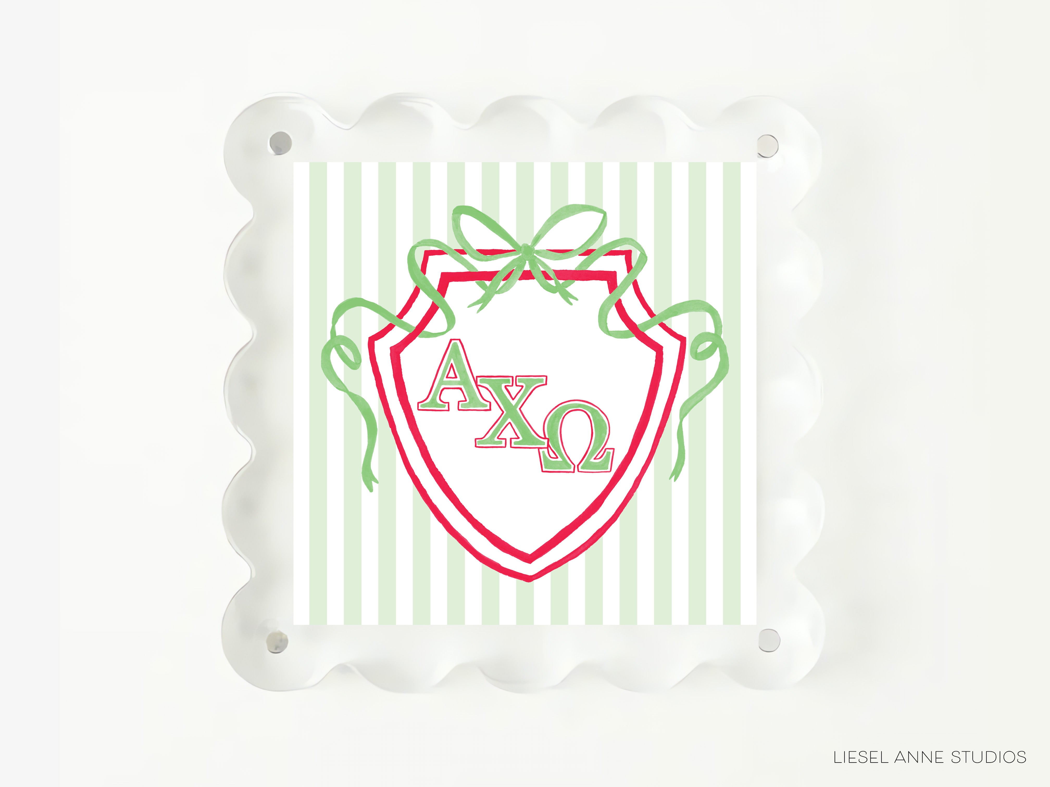 a shield-shaped graphic with the letters 'AXQ' prominently displayed in the center. The shield is surrounded by green ribbons and is set against a background of green and white striped patterns.