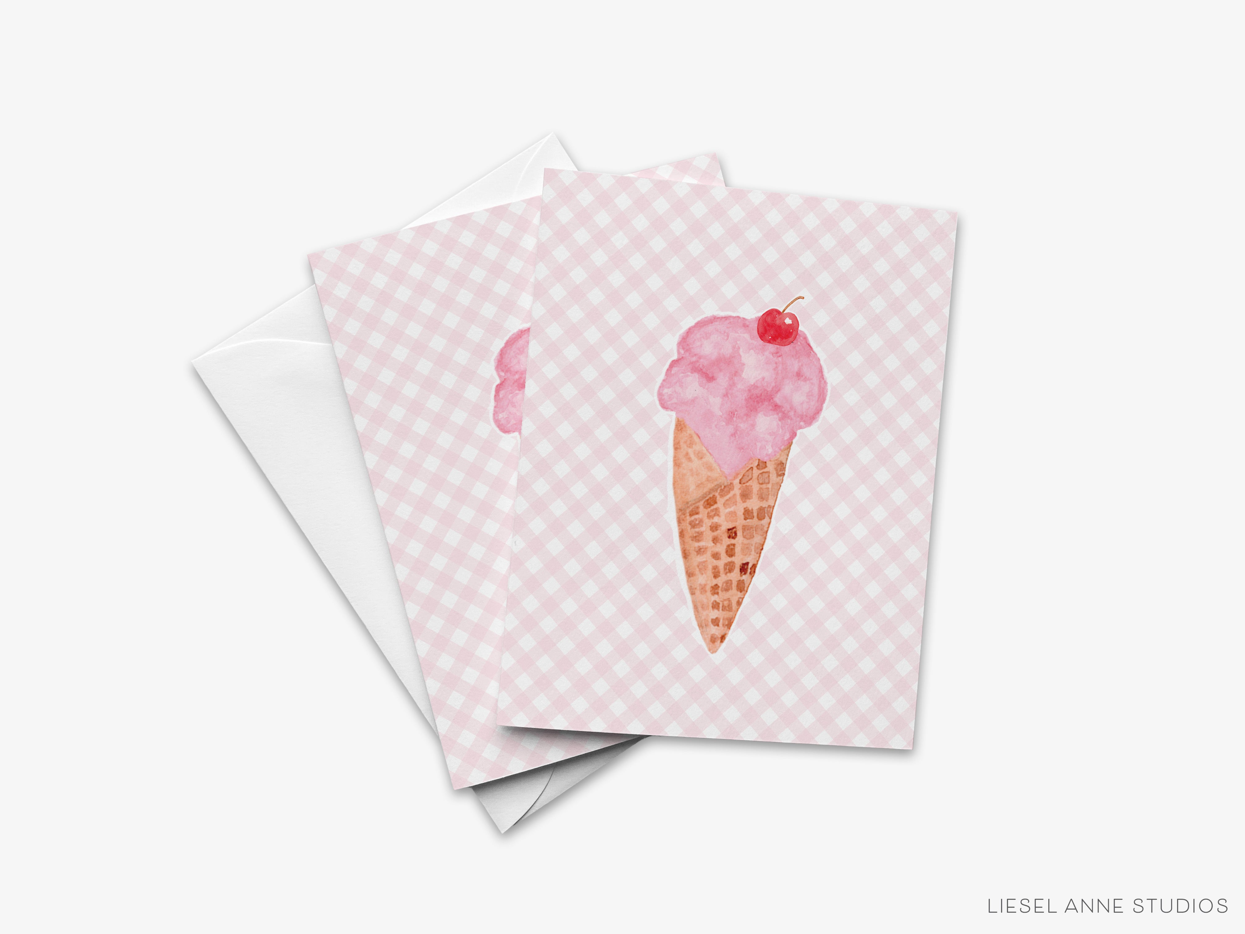 A set of three greeting cards with a pink and white checkered background and an image of a pink ice cream cone with a cherry on top.