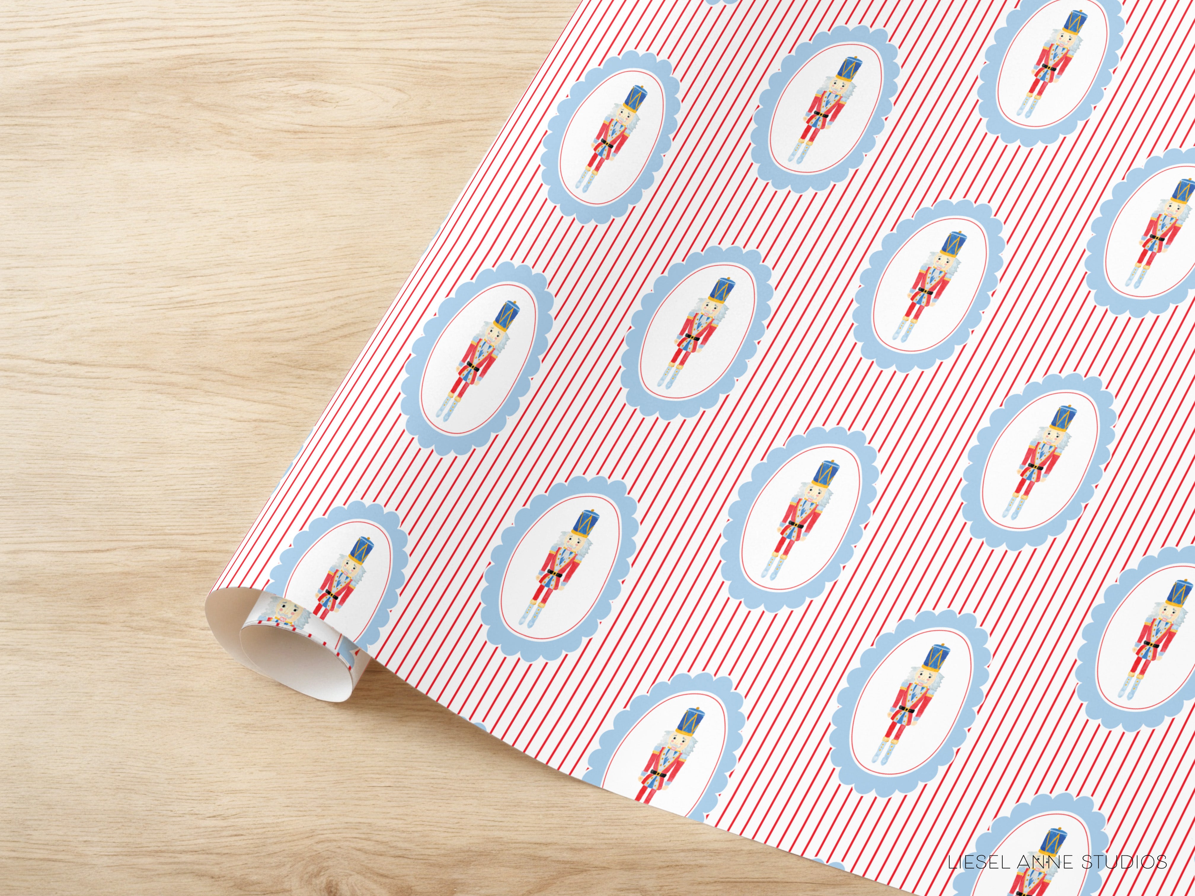 a pattern of nutcracker dolls on a red and white striped background.