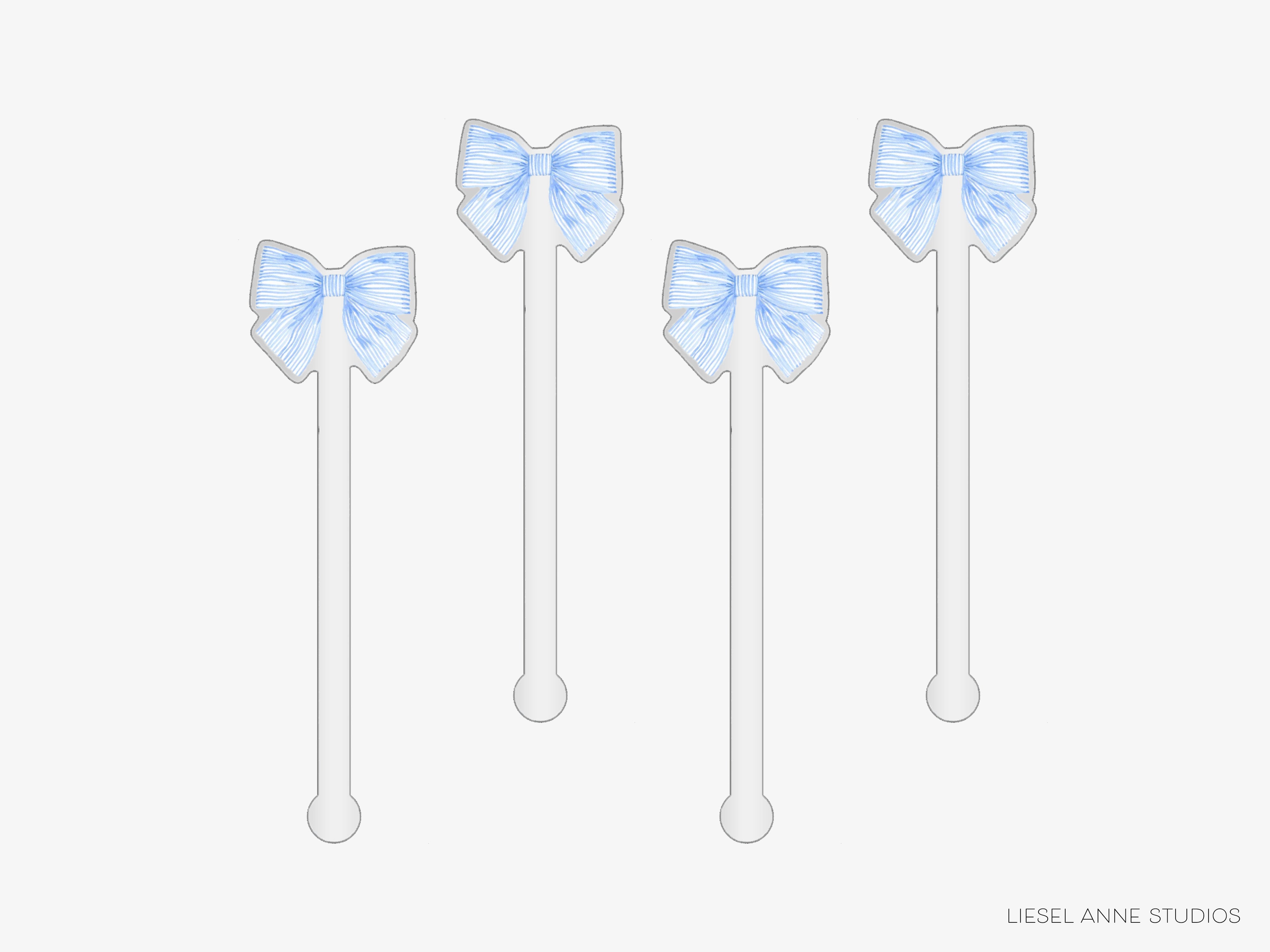 four blue bow-shaped objects, each with a white stick or pole attached to it.