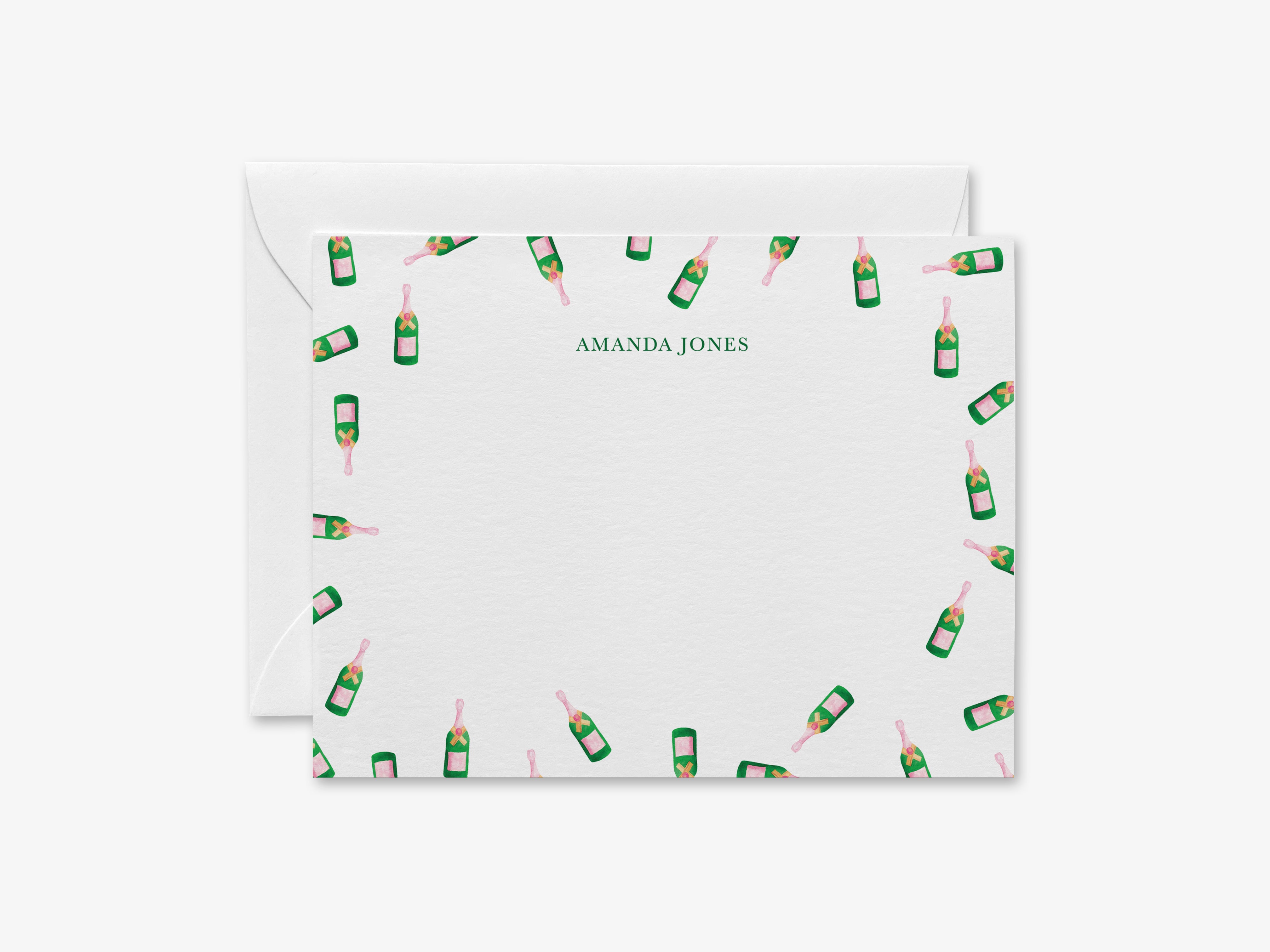 a white card with a repeating pattern of champagne bottles in green and pink colors.