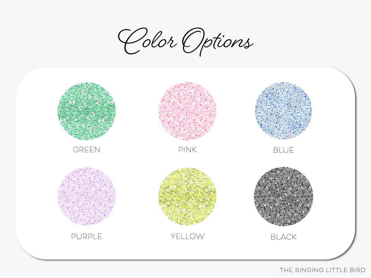 six color options, each represented by a circular design with a different color and pattern. The options include green, pink, blue, purple, yellow, and black. The text "Color Options" is written above the circle, and the phrase "THE SINGING LITTLE BIRD" is written at the bottom of the image.