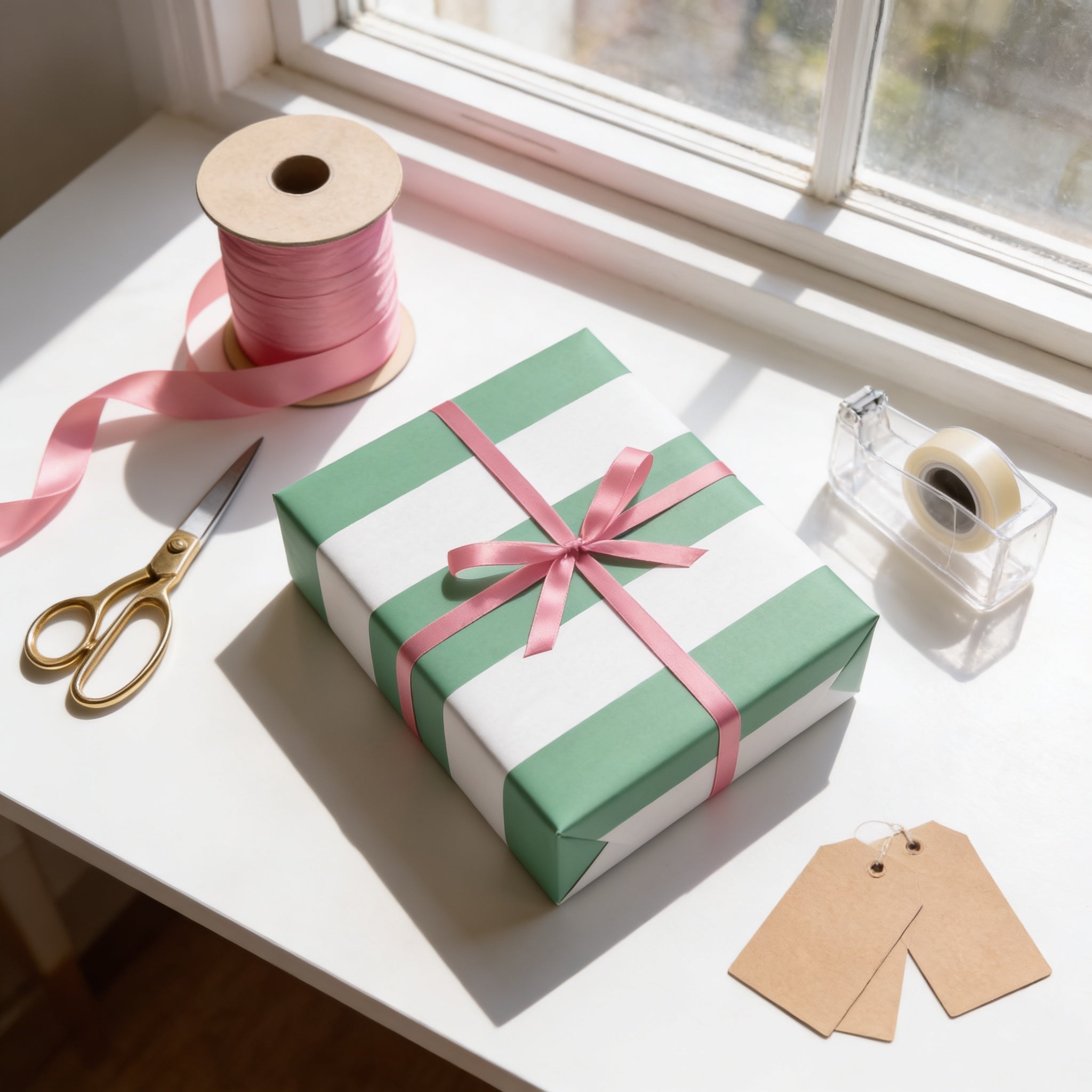 a gift box with a pink ribbon tied around it, along with a pair of scissors, a roll of pink ribbon, a clear tape dispenser, and two brown paper tags.