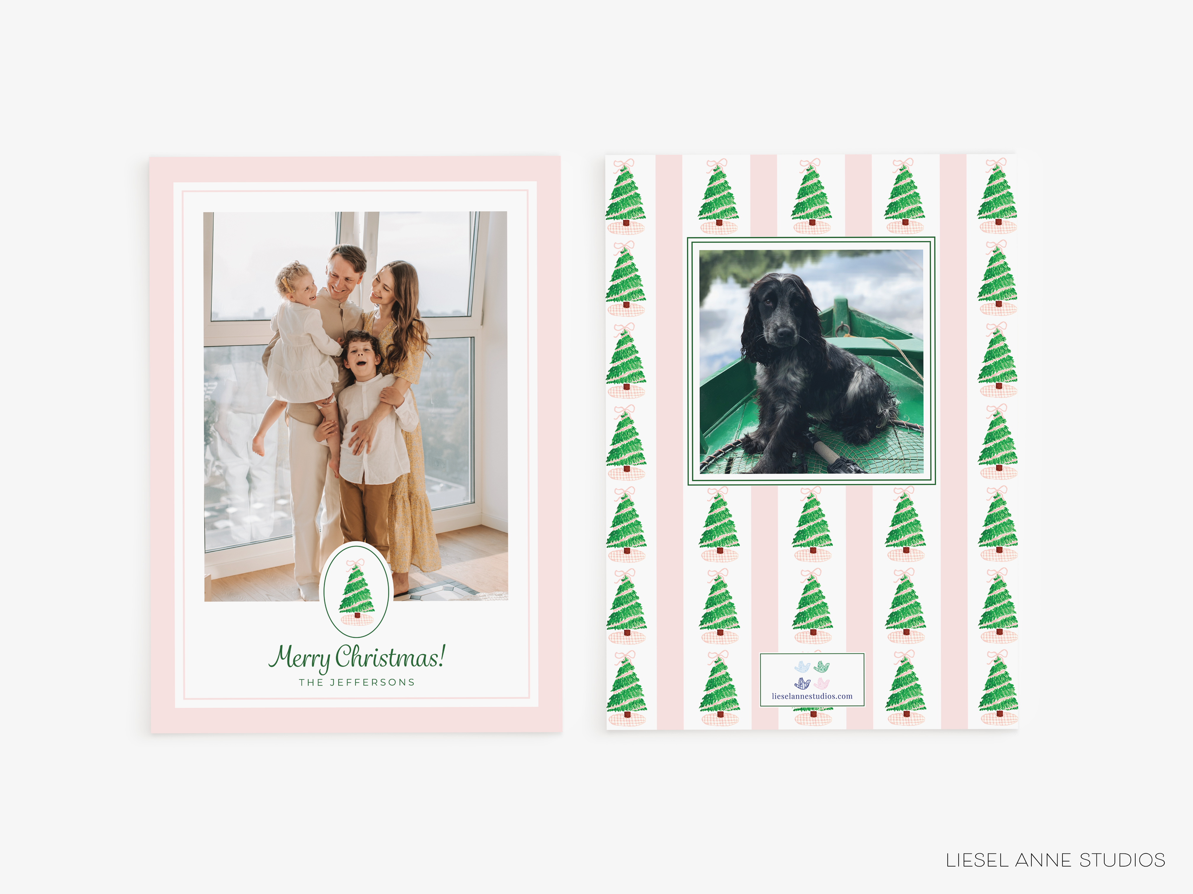 The image is a collage of two photos. The left photo shows a family of four, including two adults and two children, posing for a Christmas photo. The right photo features a dog sitting on a boat, surrounded by Christmas trees.