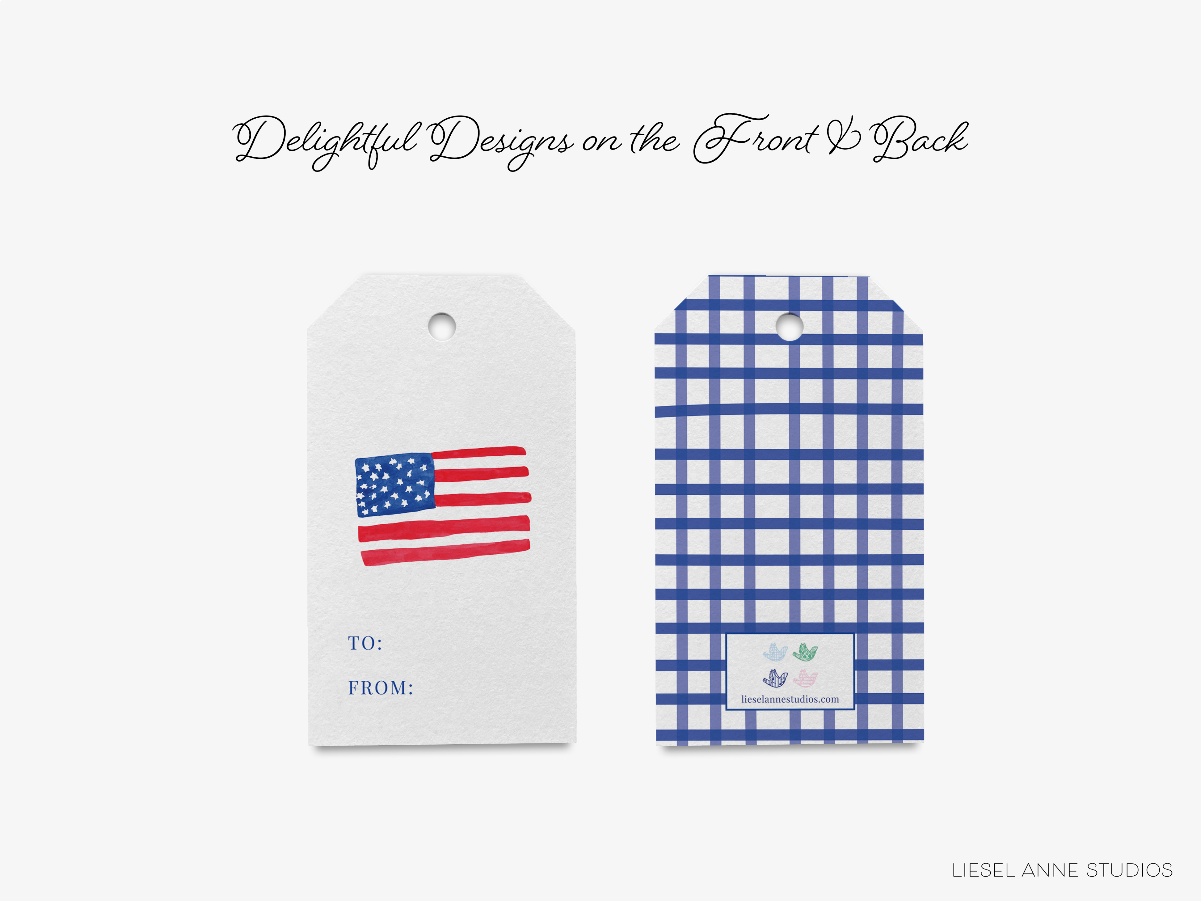 two tags with designs related to the United States, including an American flag and a checkered pattern.