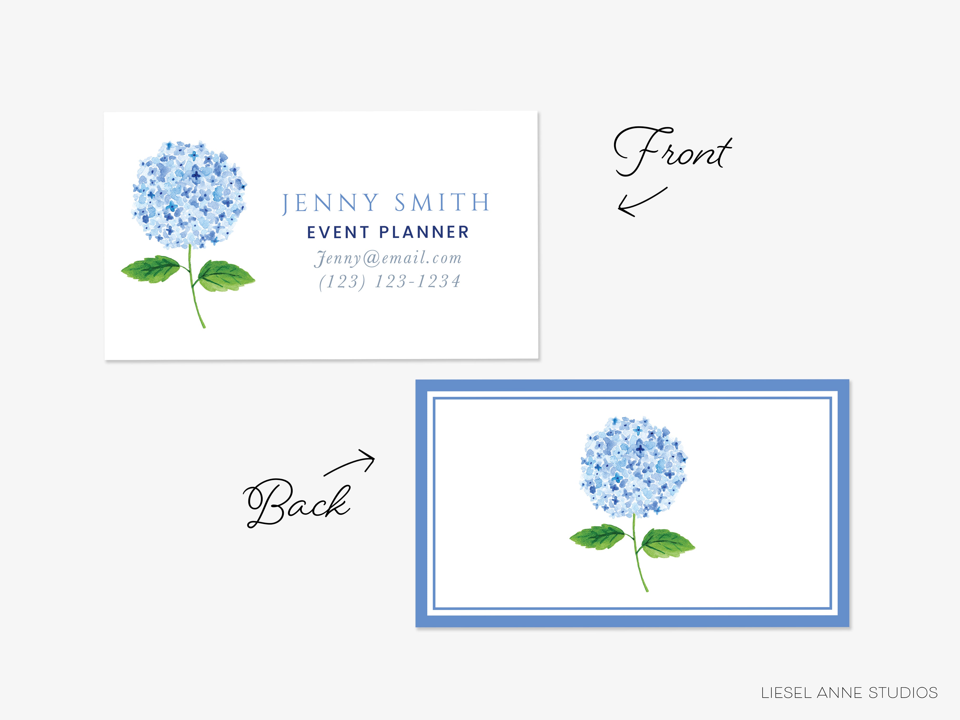 a business card with a blue flower on it