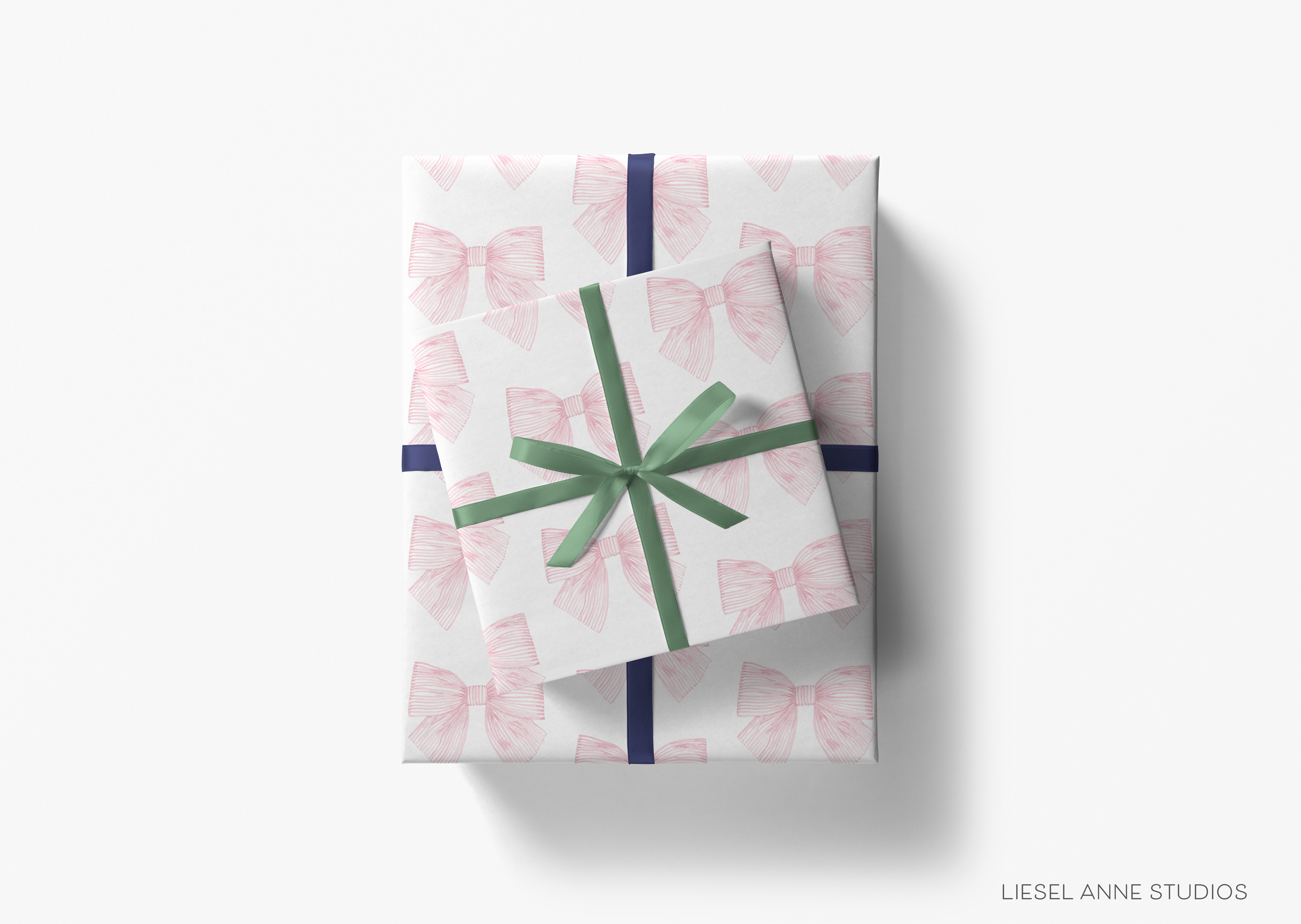 A gift box with a bow and ribbon, featuring a repeating pattern of pink bows on a white background.