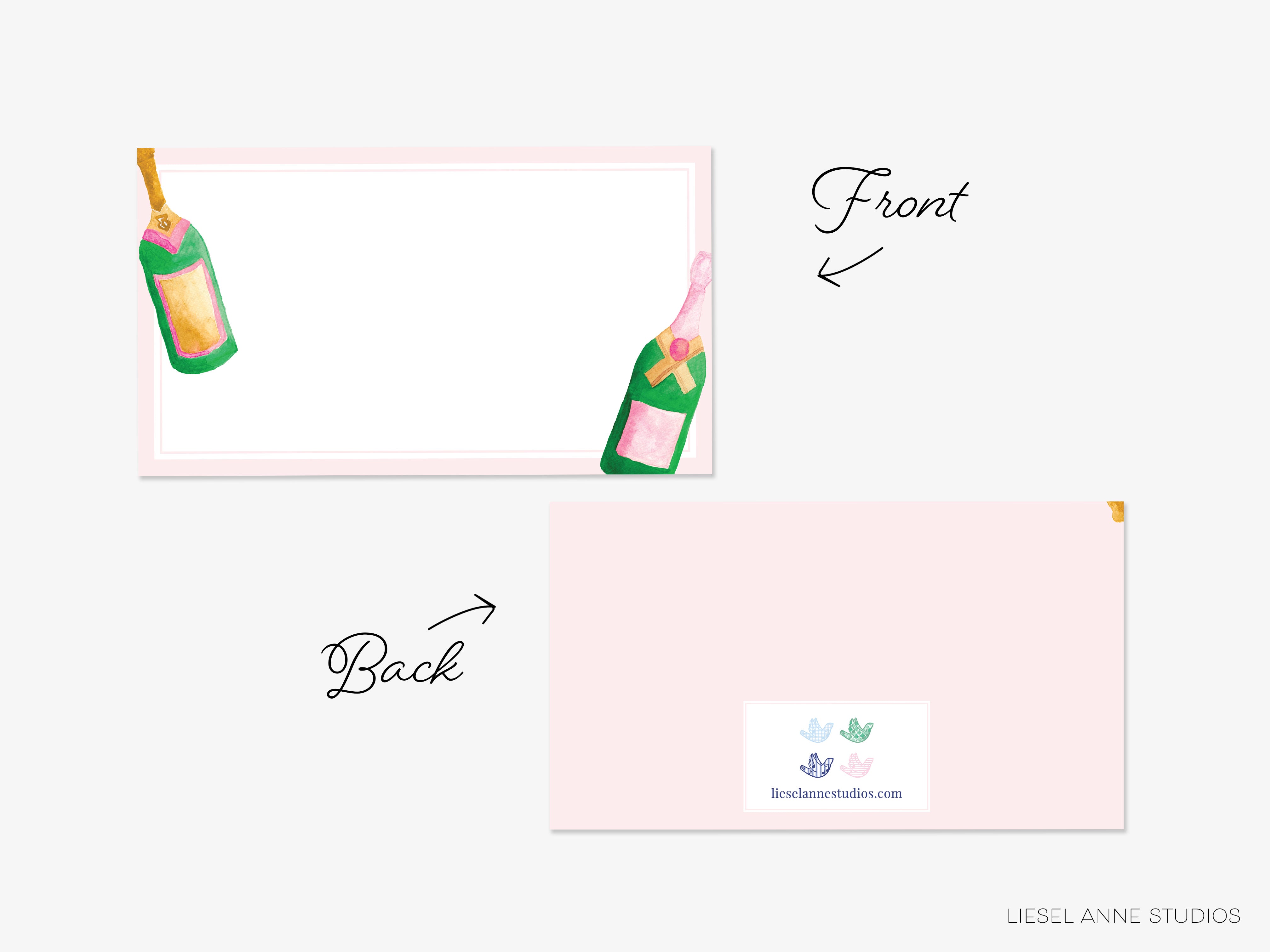 a pink background with a white border, and there are two illustrations of champagne bottles on the right side.