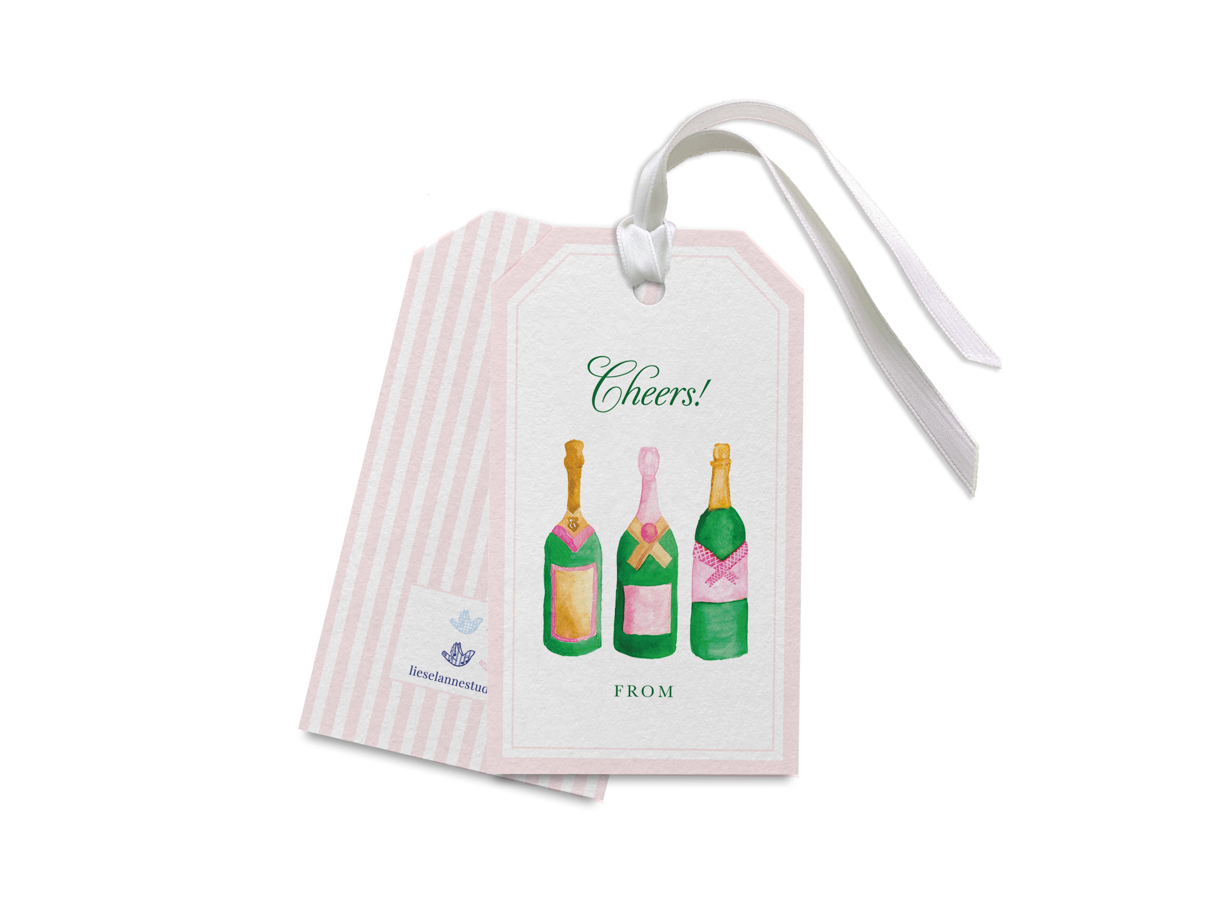 a pink and white striped gift tag with two bottles of wine