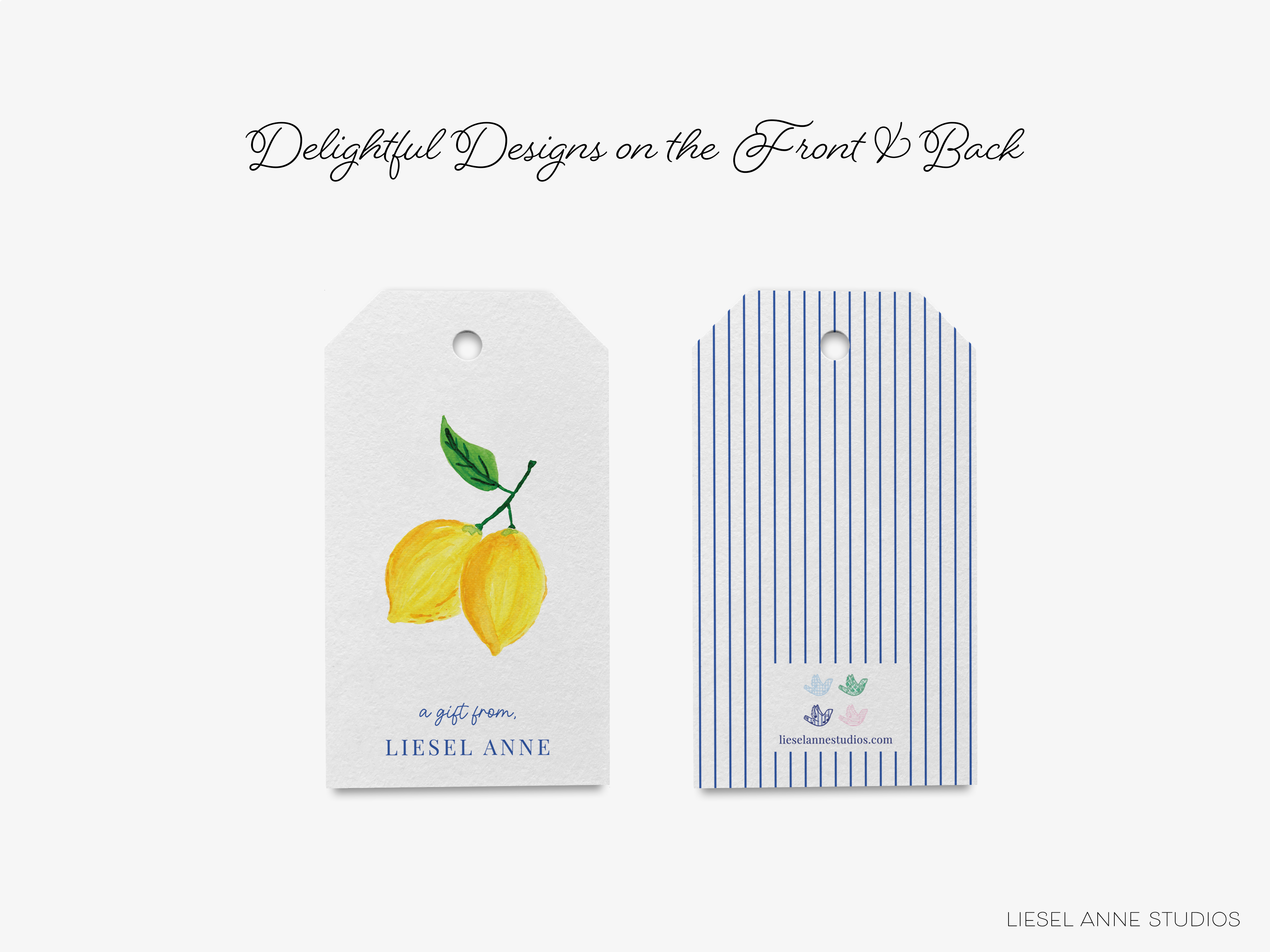 two tags with a lemon on them