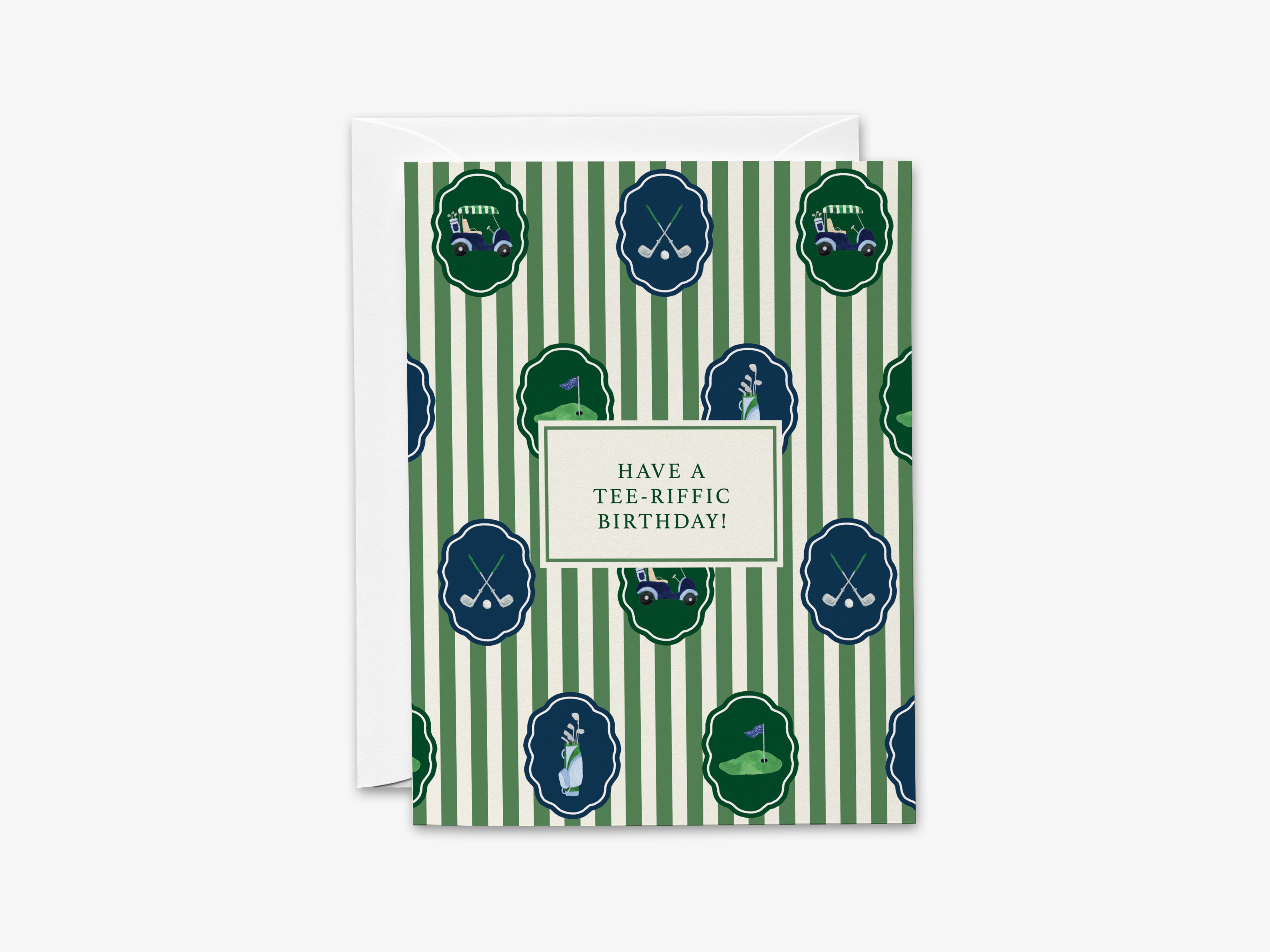 The image is a birthday card with a green and white striped pattern, featuring golf-related icons and text.