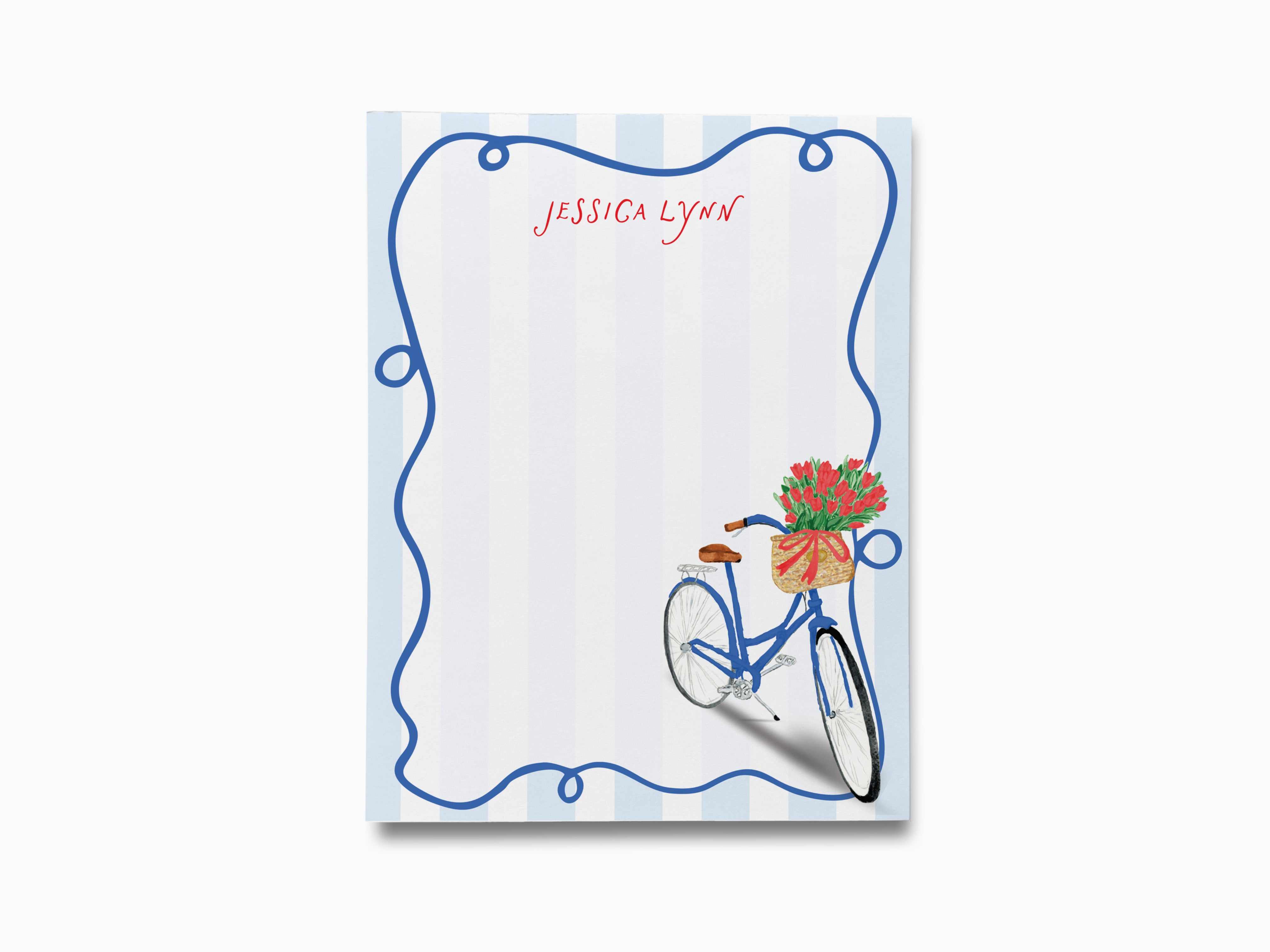 A blue bicycle with a basket of flowers on the handlebars, set against a blue and white striped background with a curved border.