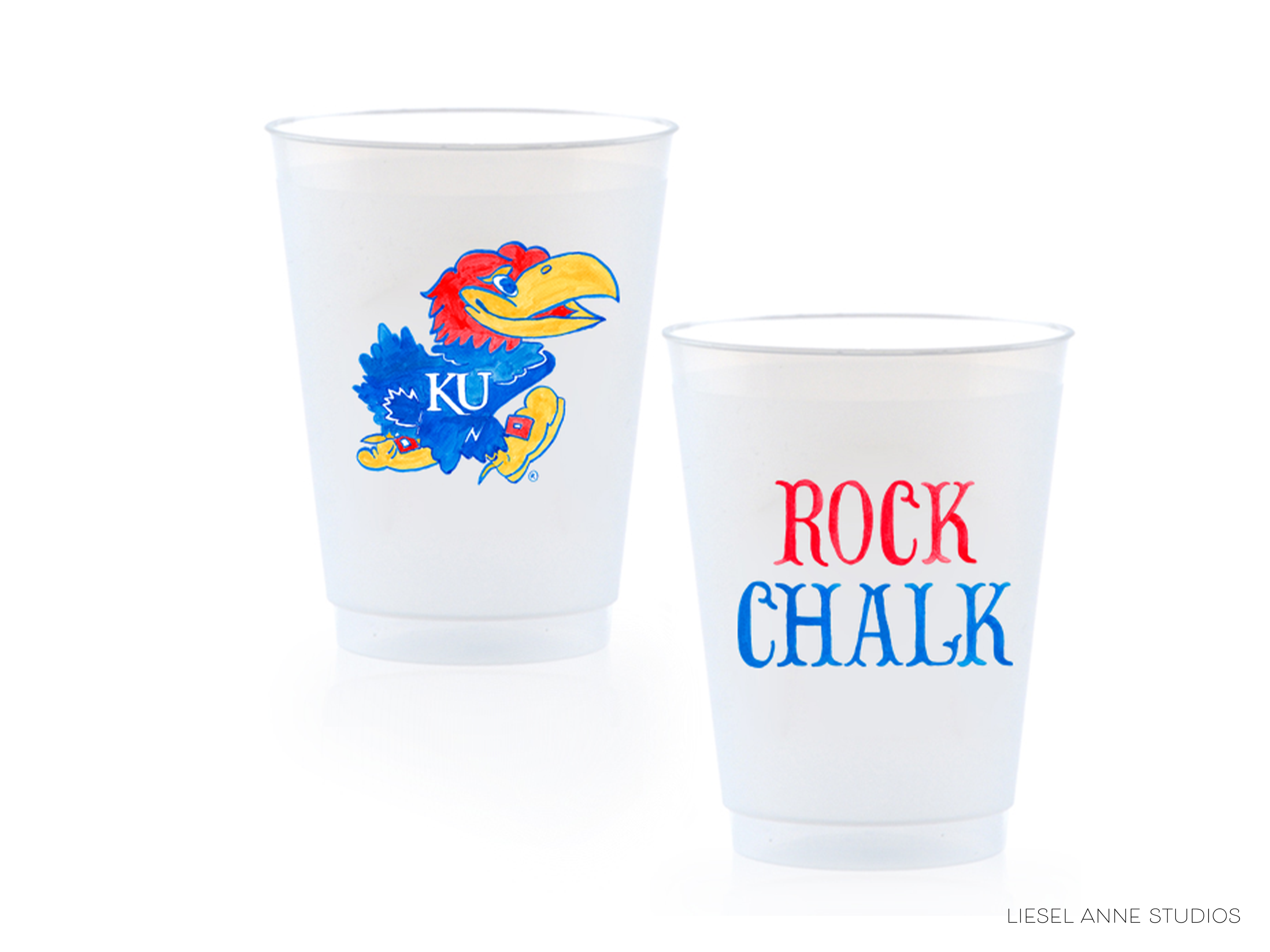 Two plastic cups with logos on them.