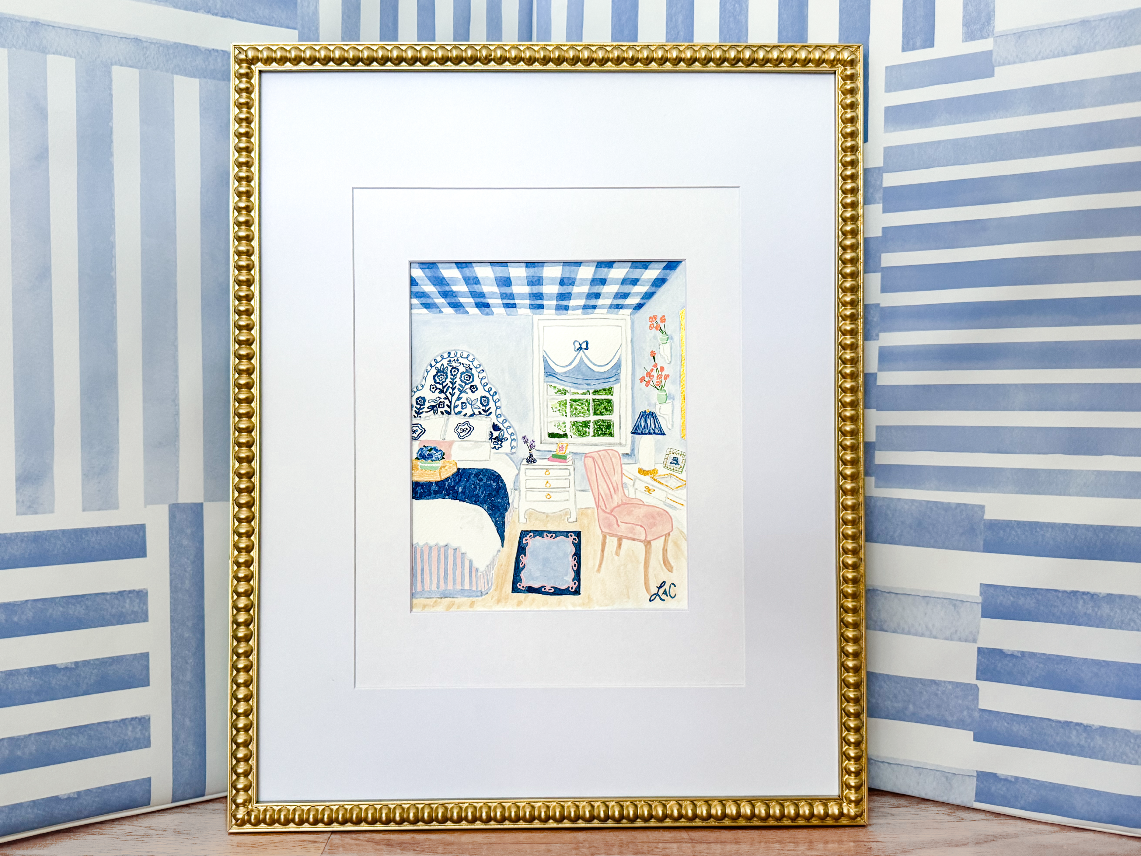 a framed painting of a bedroom with a blue and white checkered ceiling, a pink chair, and a blue and white striped rug.