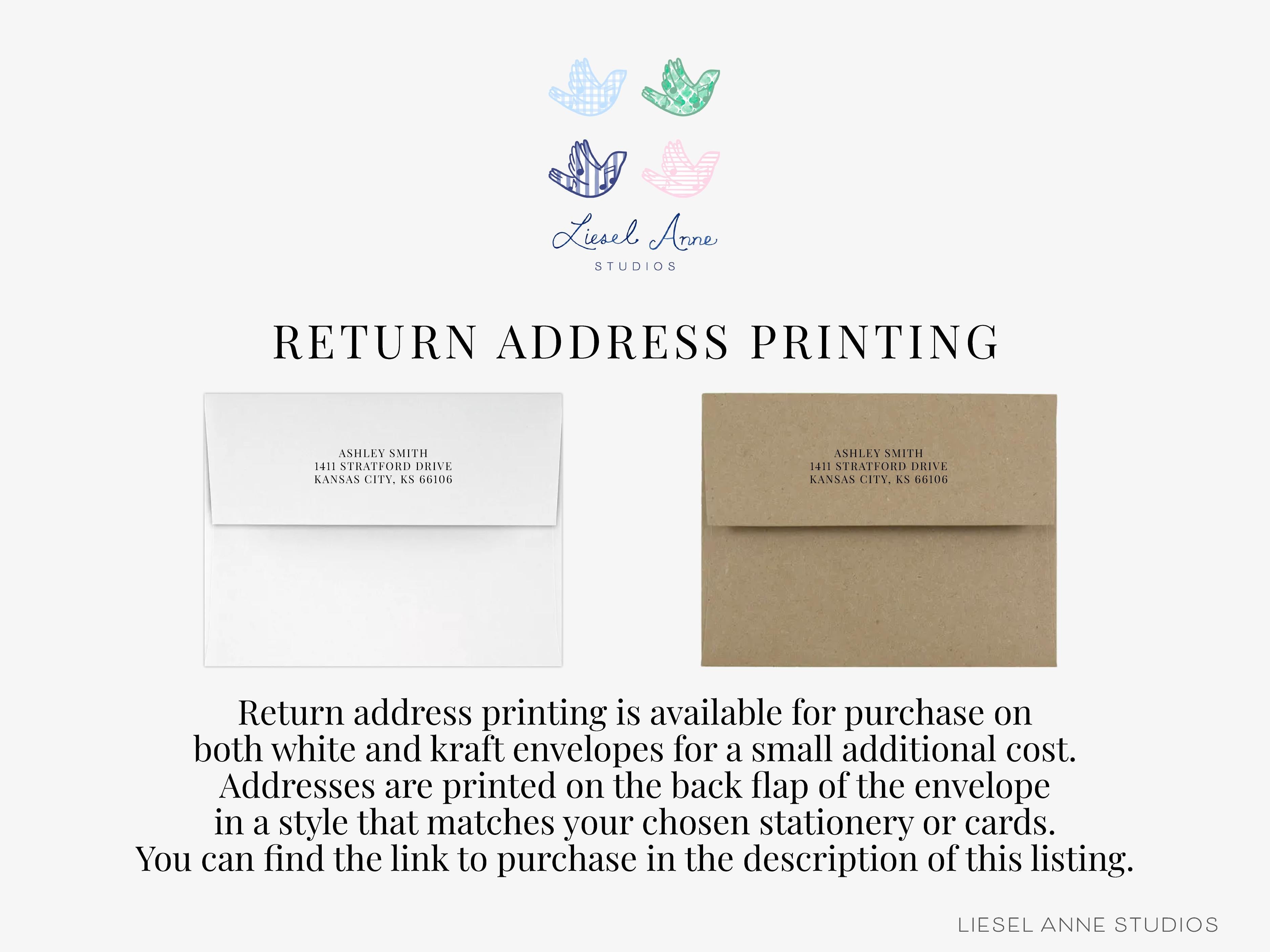 The image is a listing for return address printing services, featuring two different styles of address envelopes available for purchase.