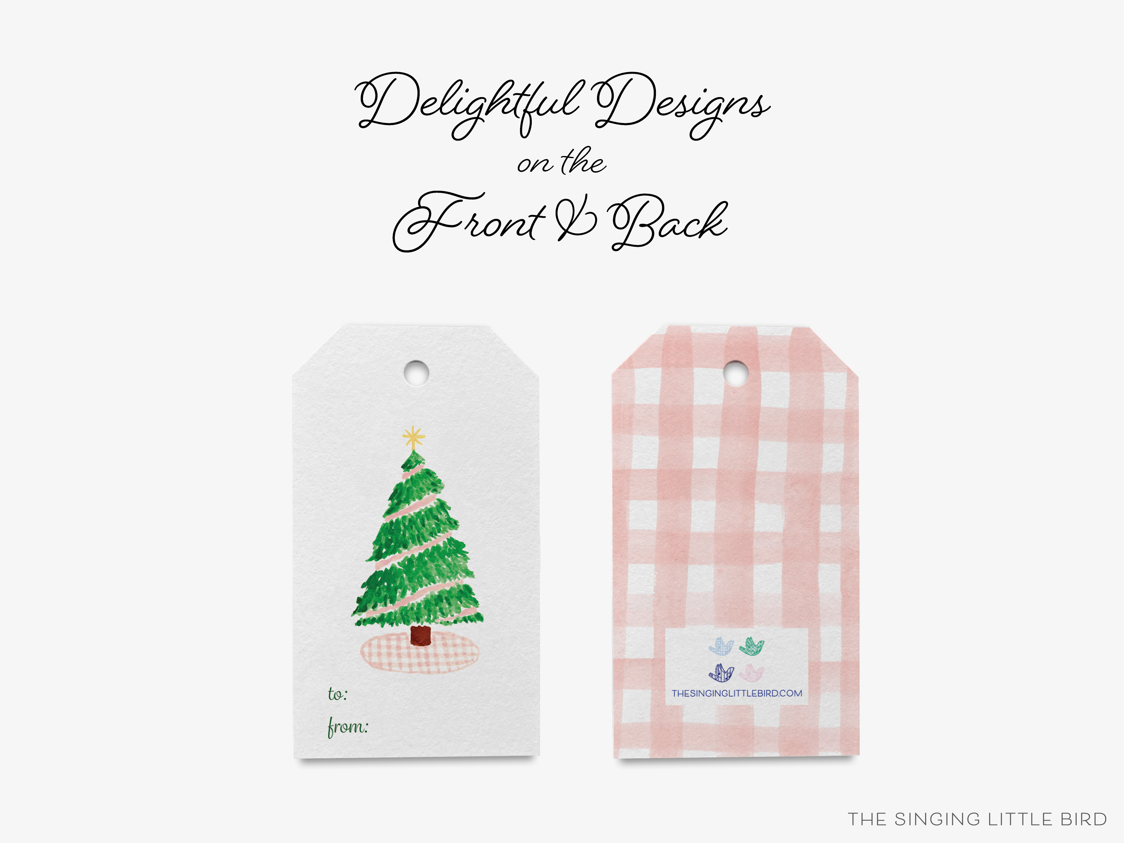two tags with Christmas tree designs, one with a white background and the other with a pink and white checkered background.