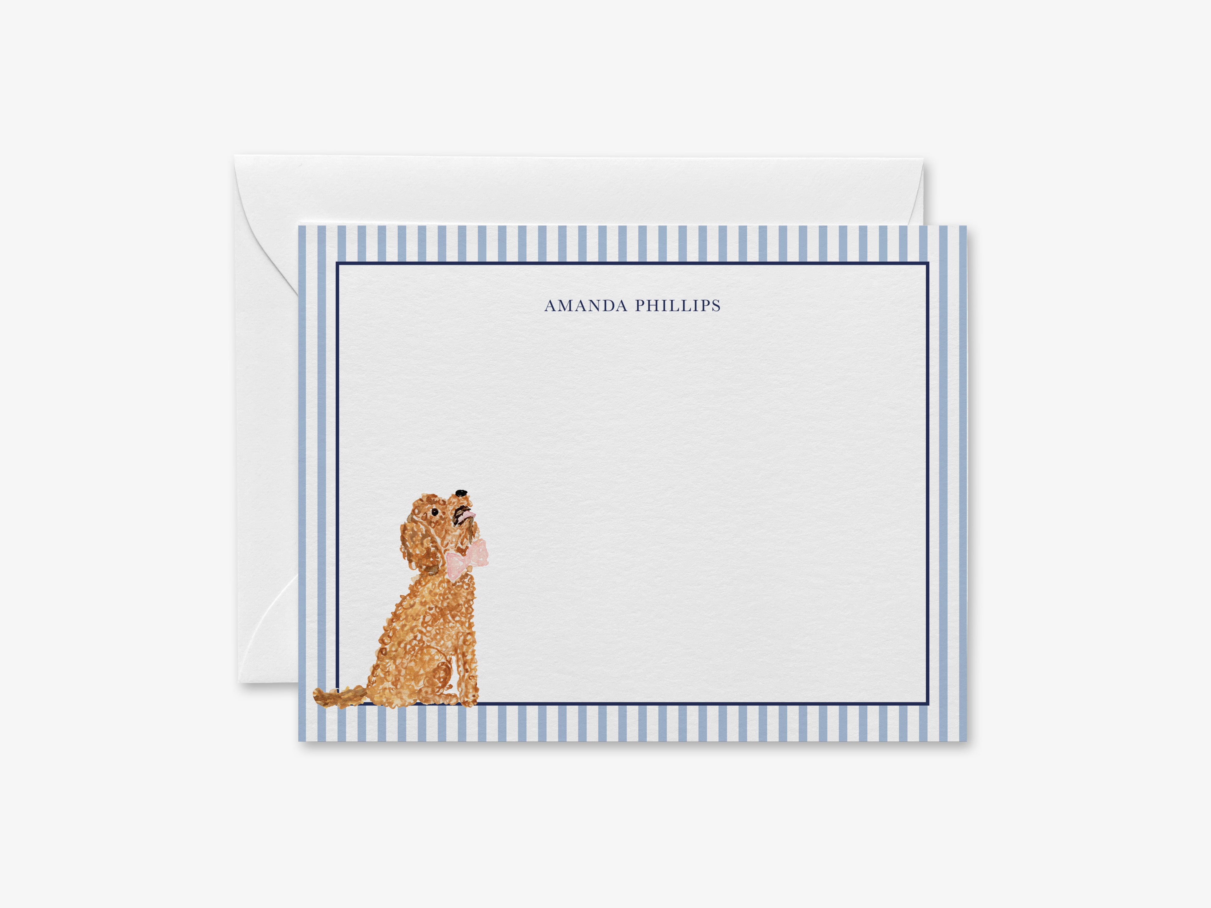 a personalized note card with a dog illustration on it.