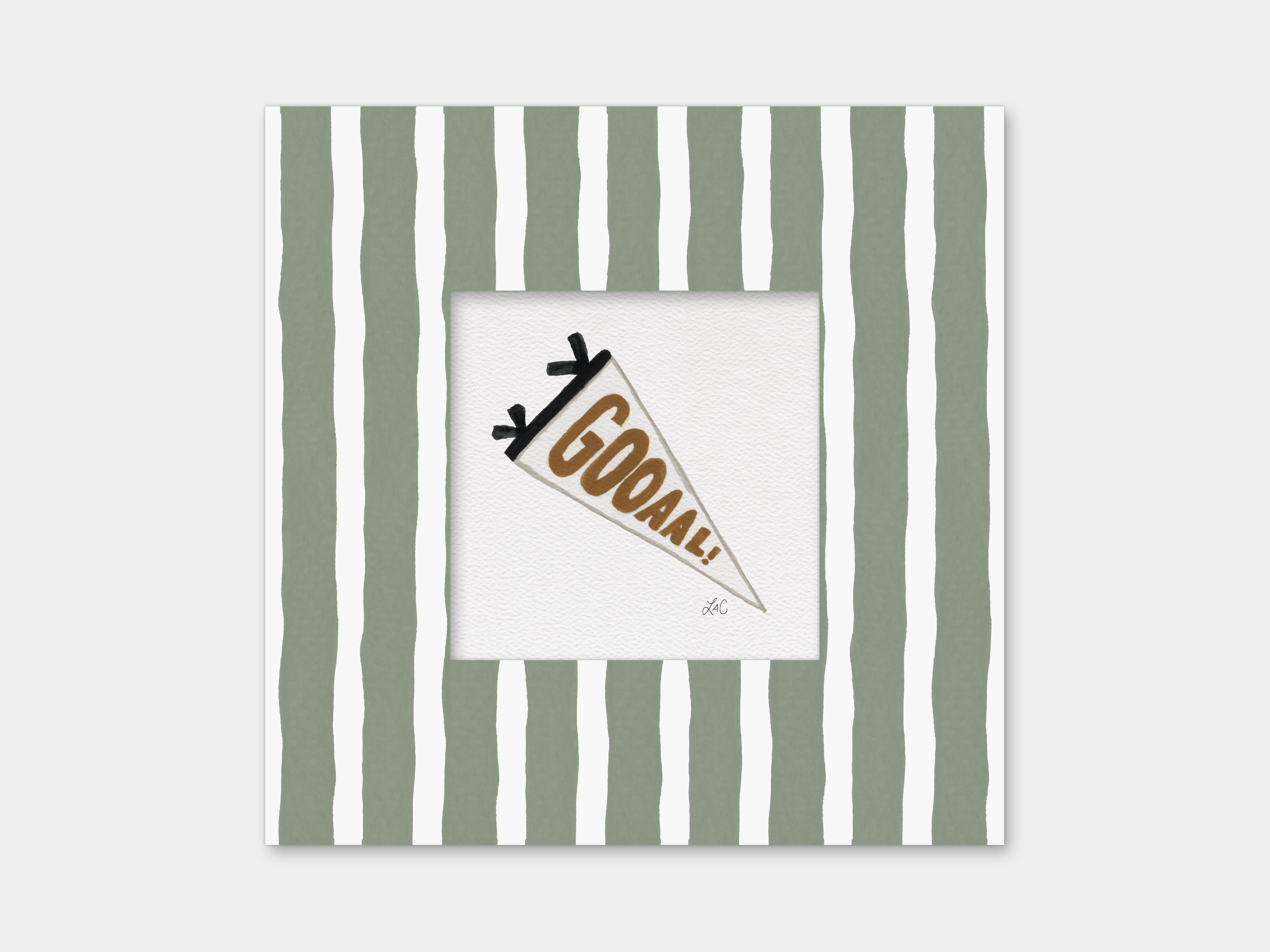 A framed image with a green and white striped background and a brown triangular flag with the word "GOOD" written on it.