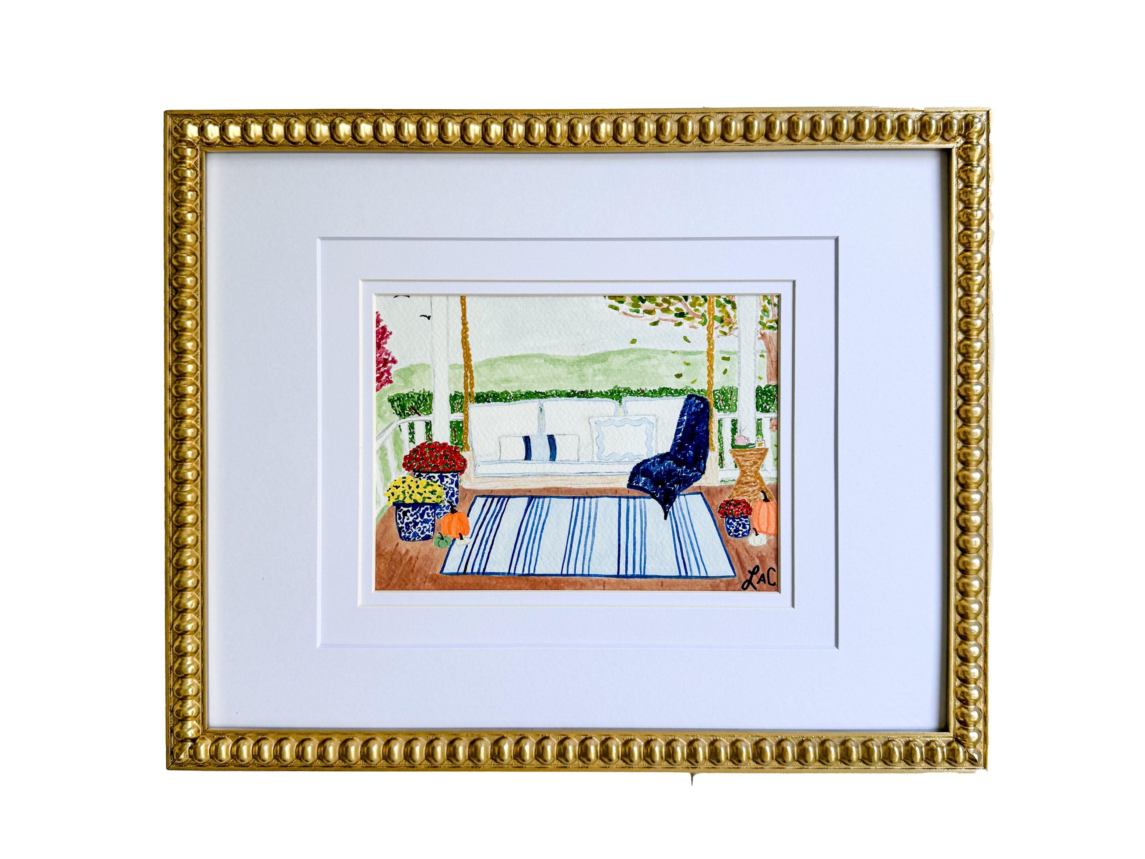 The image is a framed painting depicting a serene outdoor scene with a blue chair, a white railing, and a blue and white striped rug.