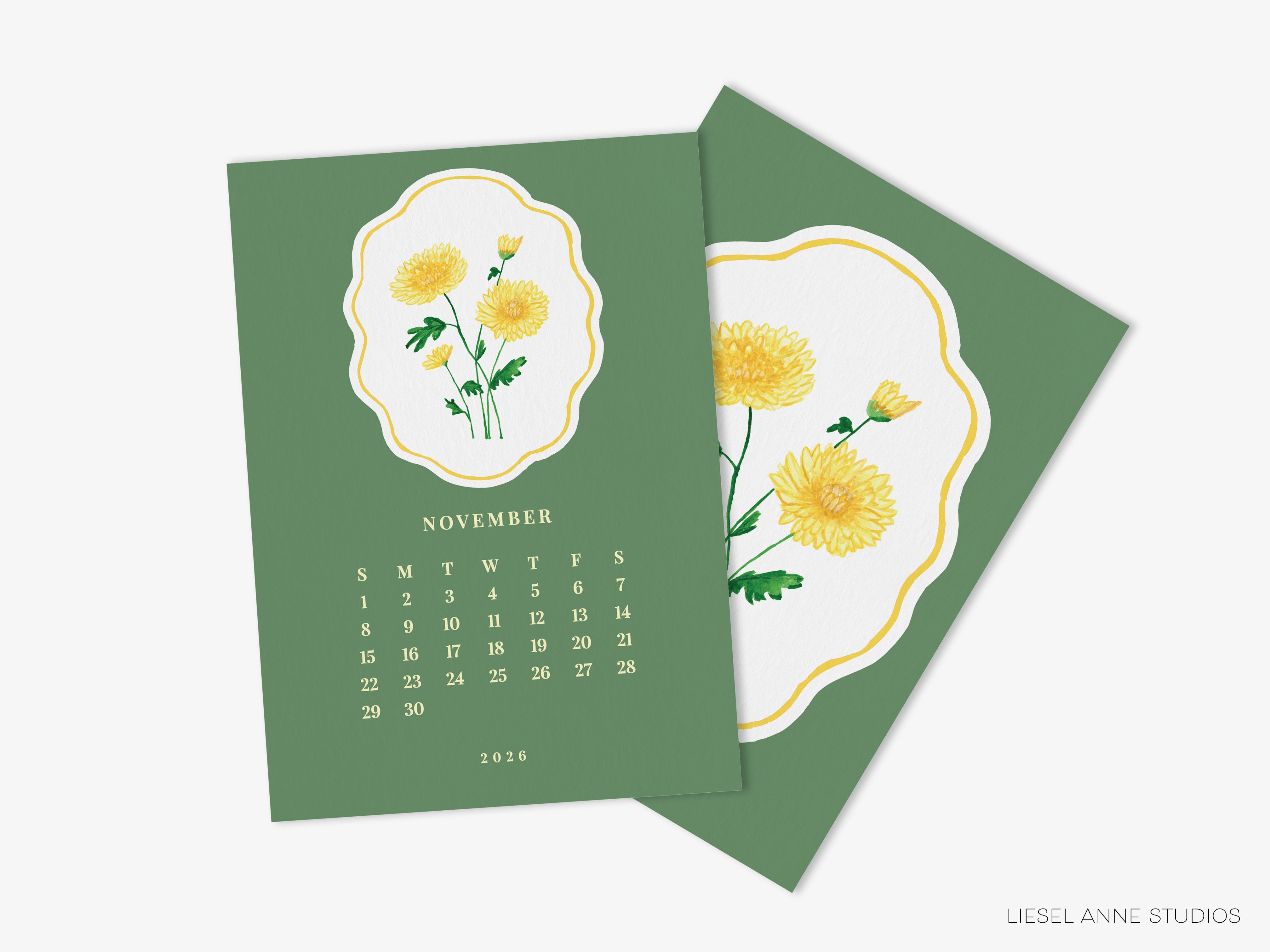 The image is a calendar for the month of November, featuring a green background with a white border and illustrations of yellow flowers.