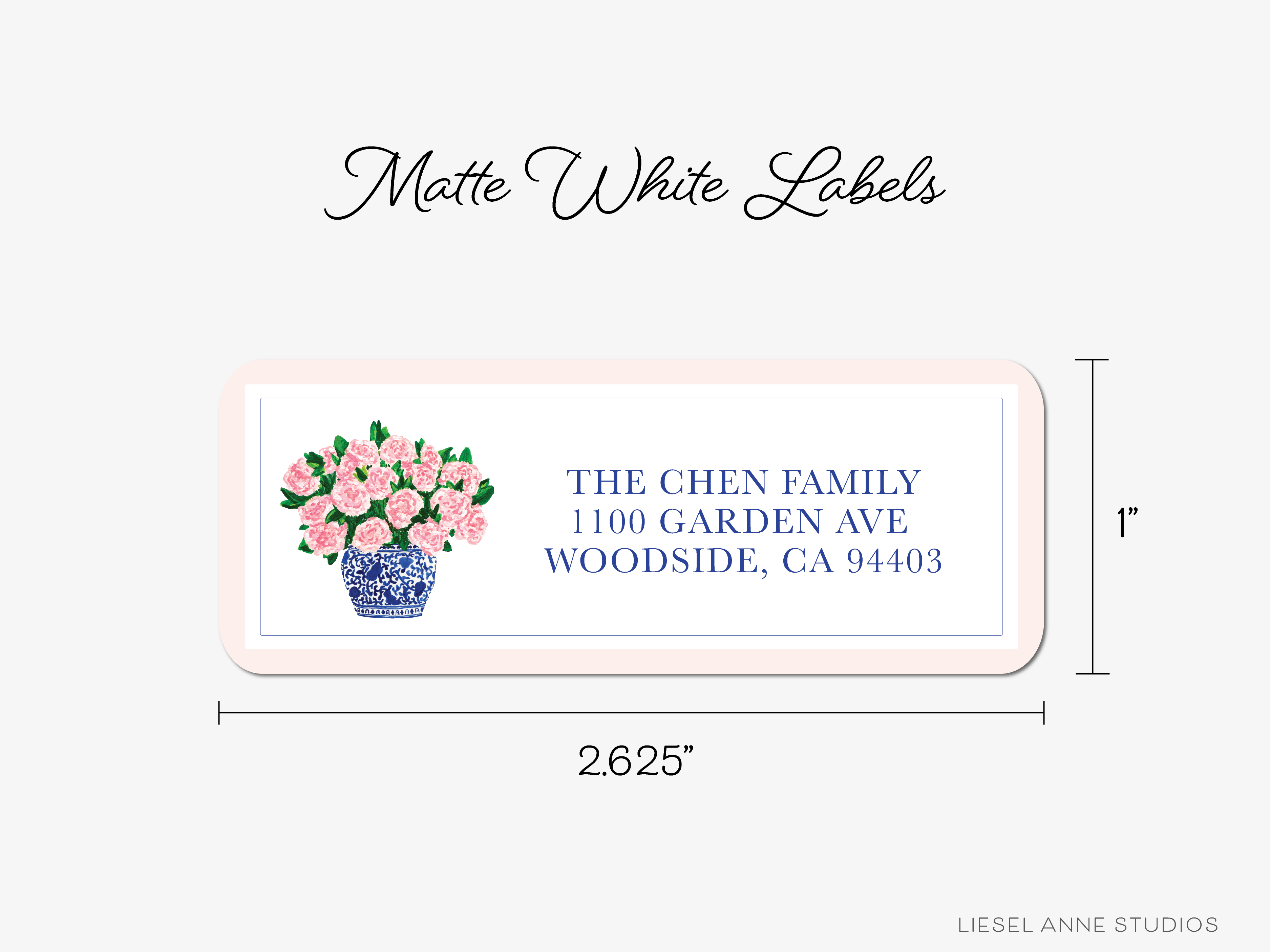 The image is a label for a package, featuring a floral design and the address of The Chen Family.