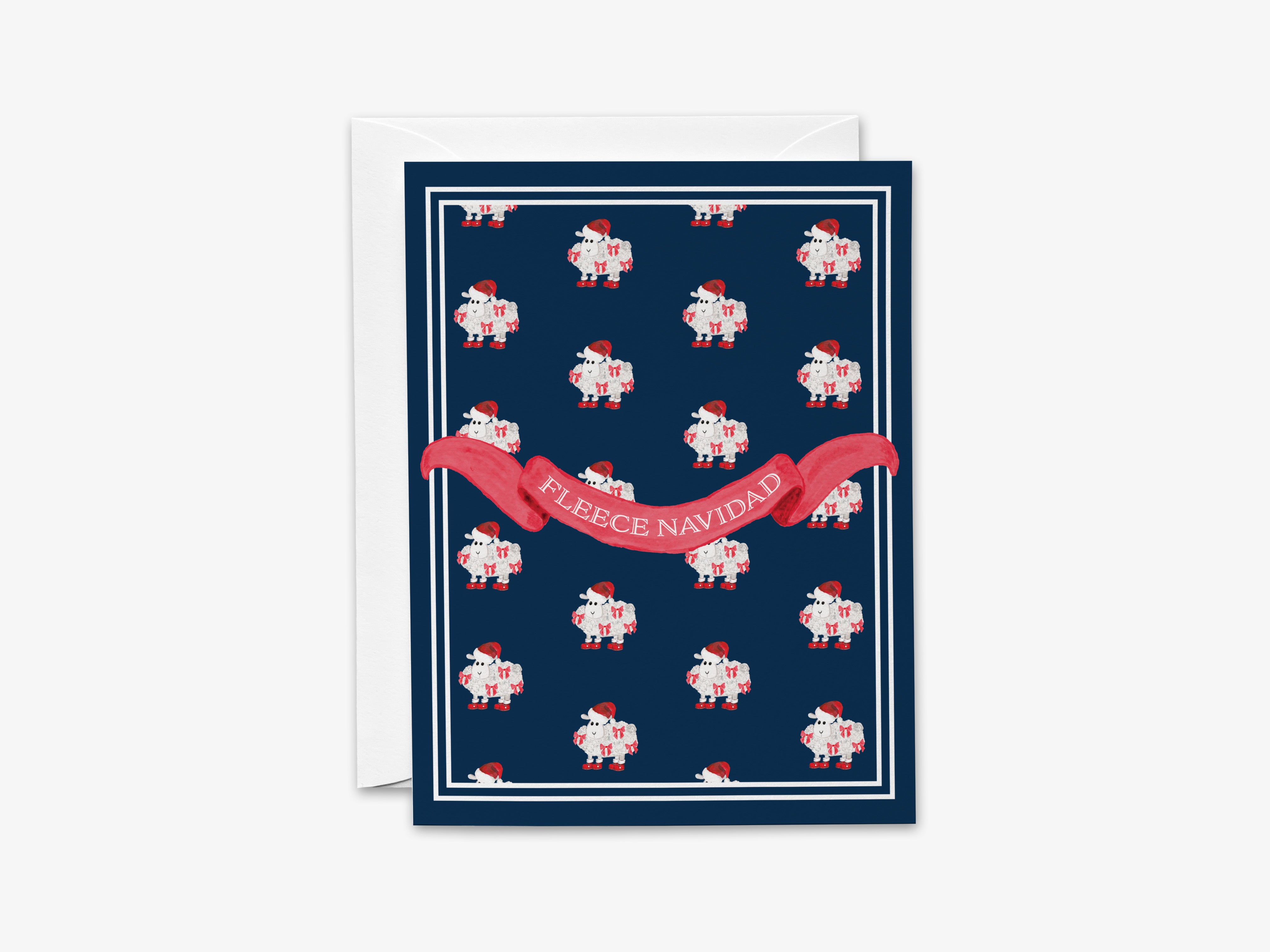 The image is a greeting card with a navy blue background and a repeating pattern of red Santa Claus figures wearing red hats. The card has a white border and a red ribbon with the text "FLEECE NAVIDED" written on it.