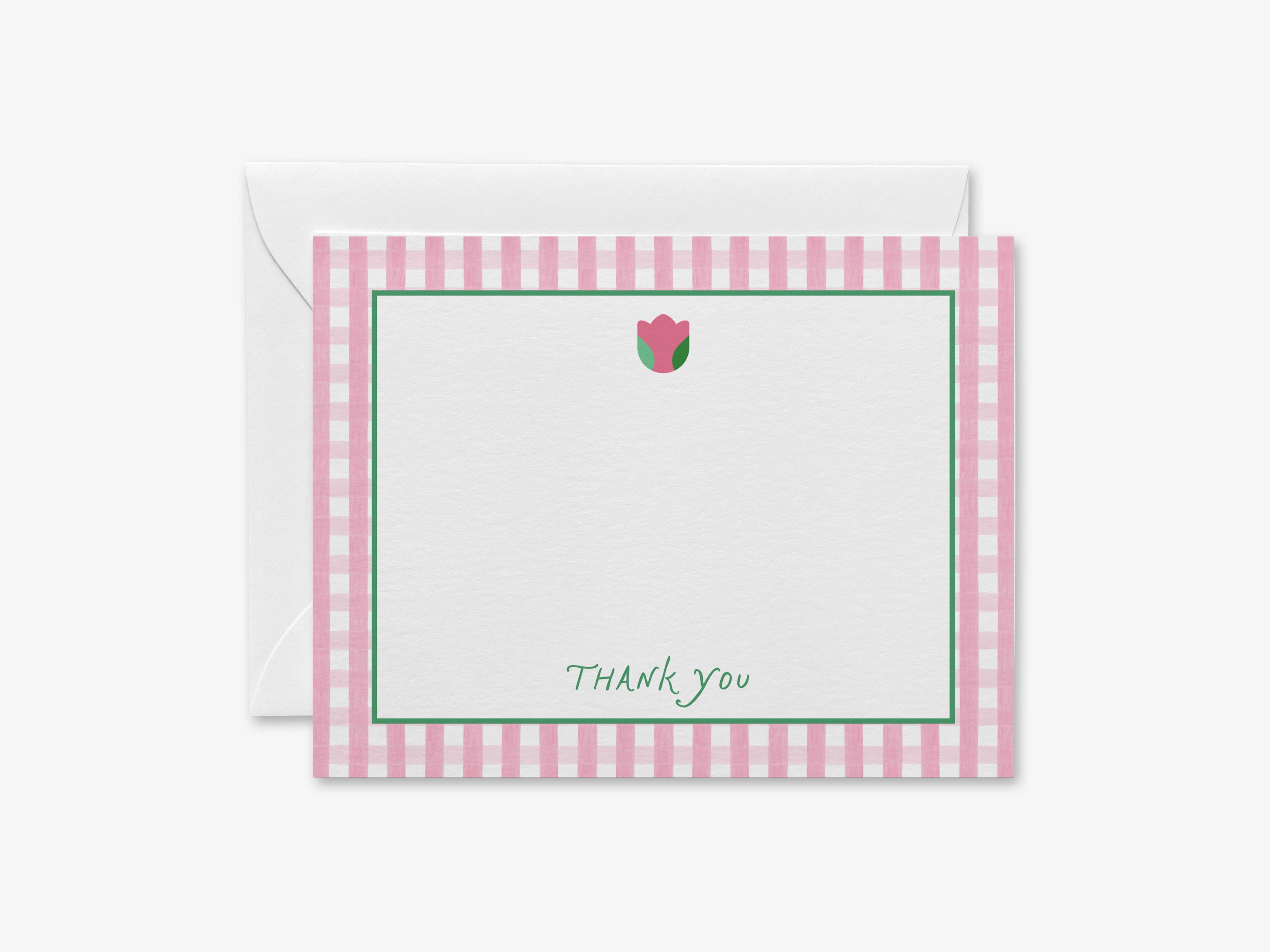 A pink and white checkered card with a blank space for a message and a rose graphic in the center.