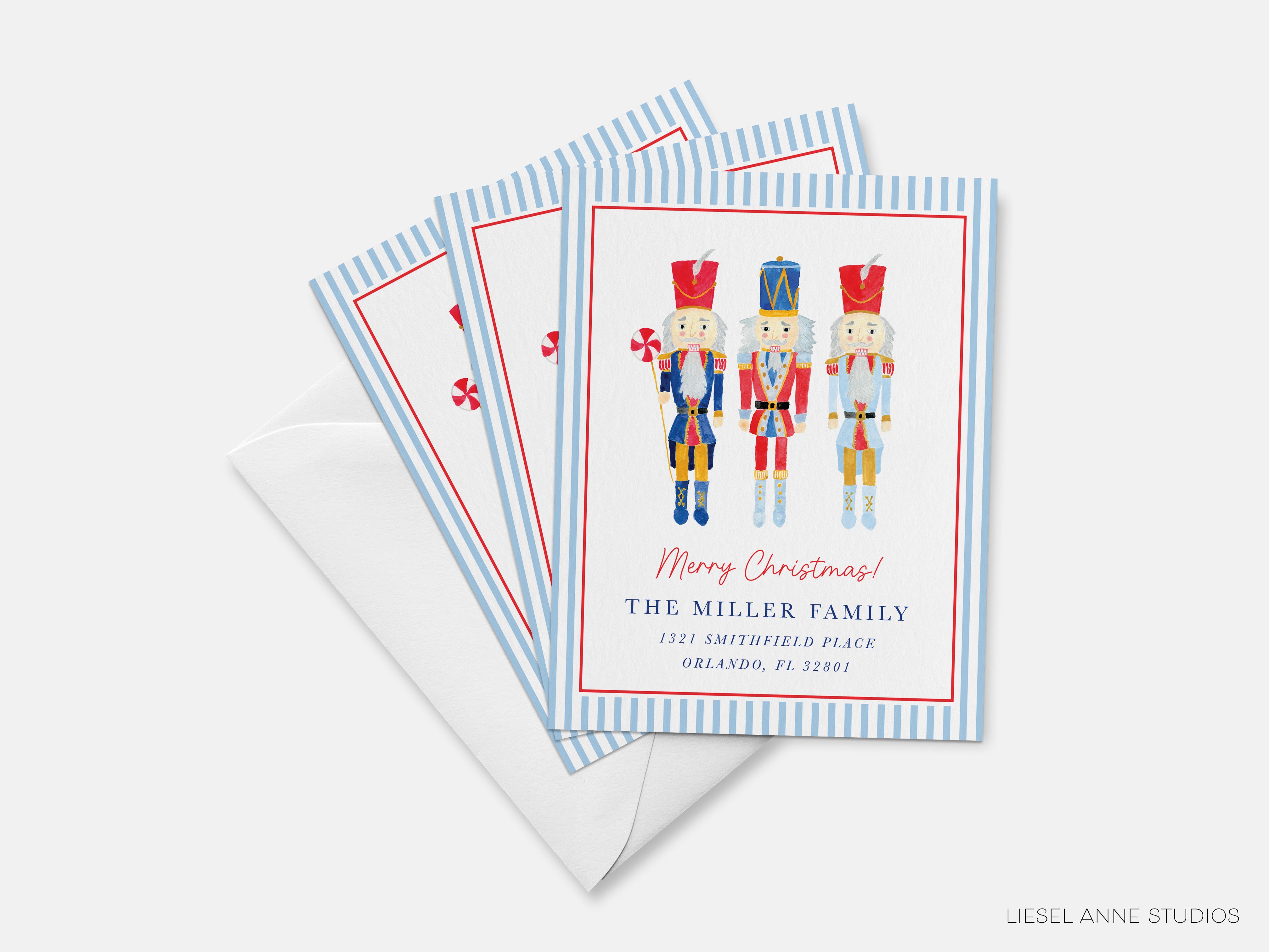 A set of holiday greeting cards featuring nutcracker characters.
