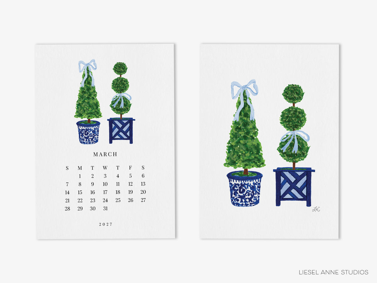 The image is a calendar featuring illustrations of three topiary trees in blue and white pots, with the month of March and the year 2027.