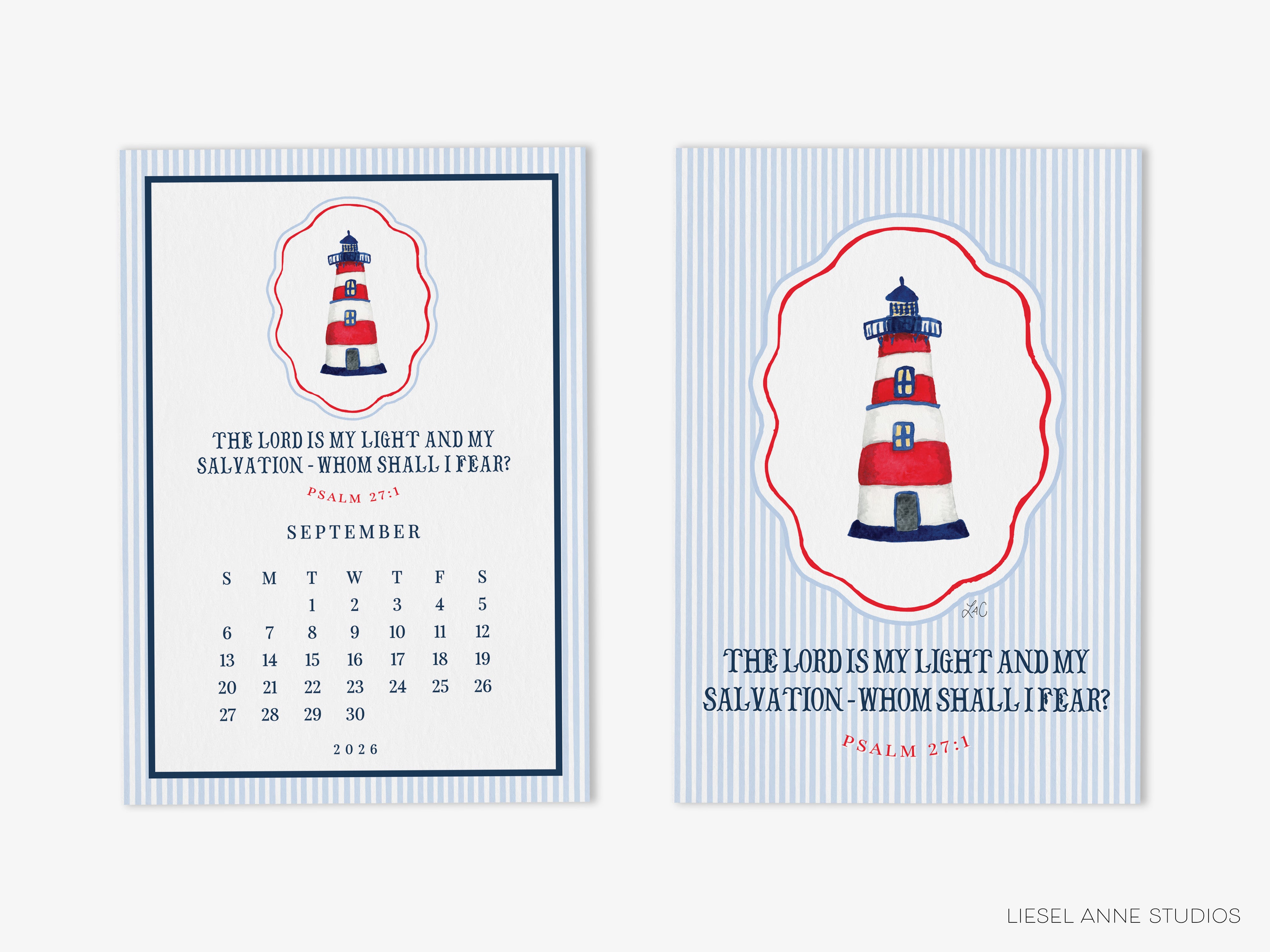 The image is a calendar featuring a lighthouse and a Bible verse. The calendar displays the text "The Lord is my light and my Salvation - Whom shall I fear?" along with the date "September" and the year "2026". The Bible verse reads "The Lord is my light and my Salvation - Whom shall I fear?"