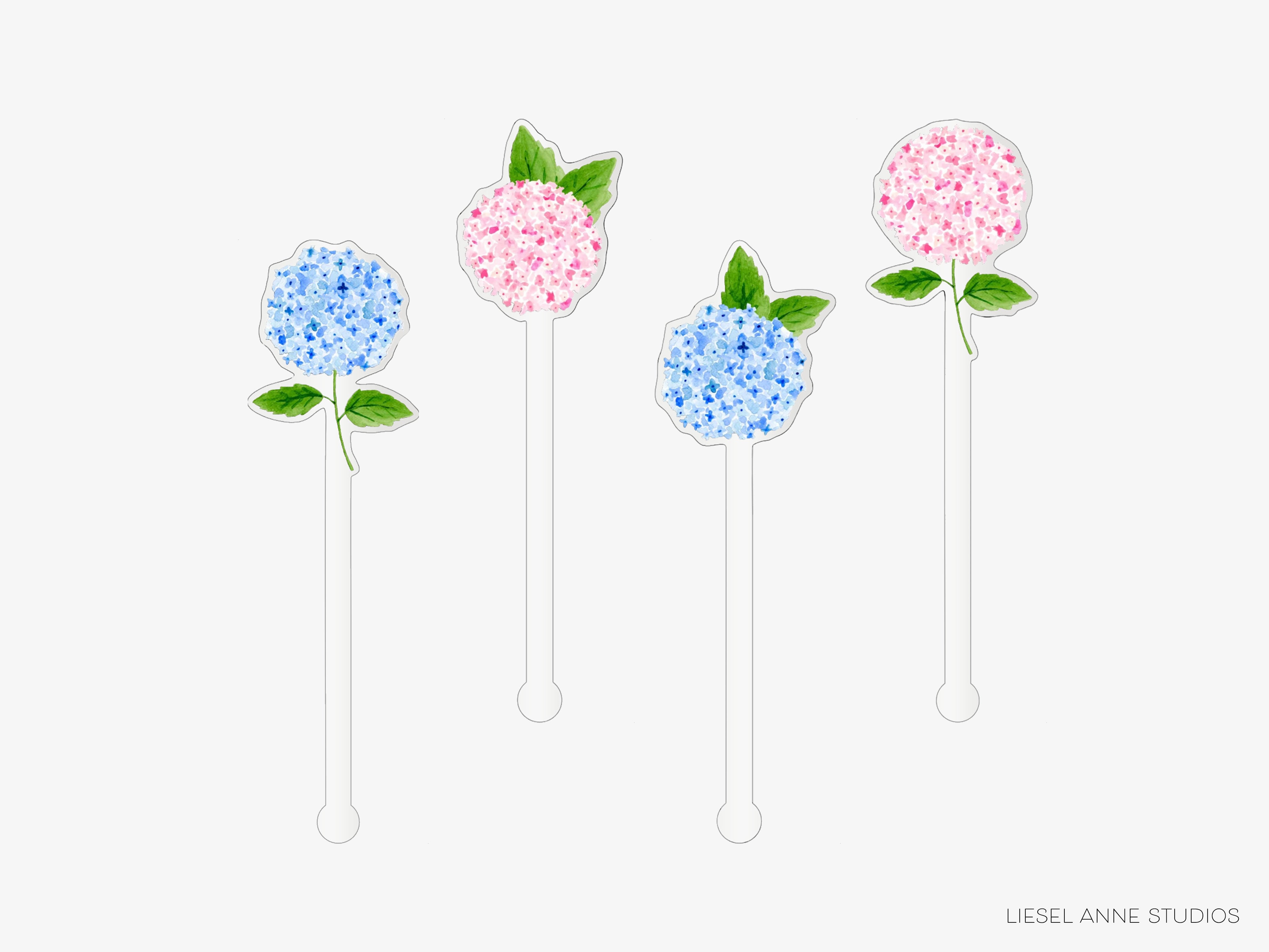 four colorful, flower-shaped objects with leaves attached, arranged in a row.