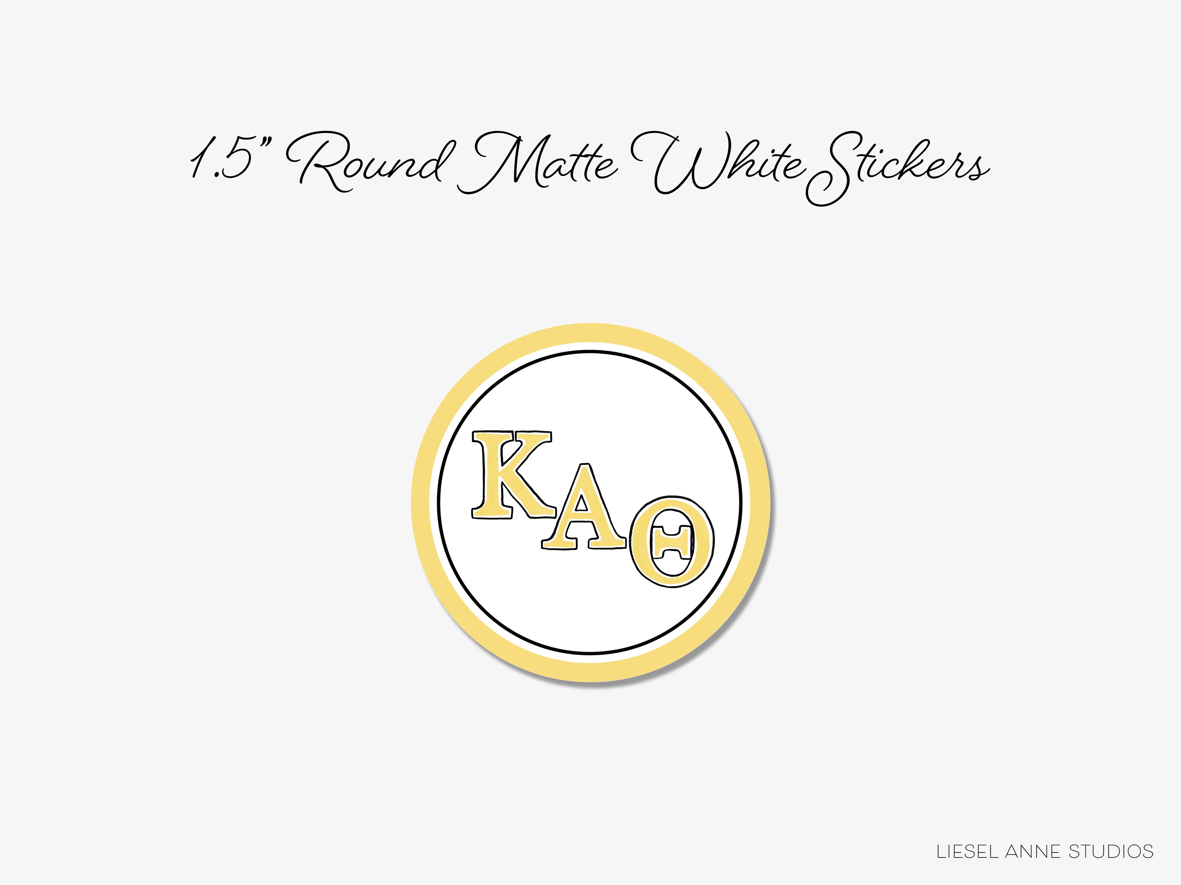 a white and yellow button with the words kao on it