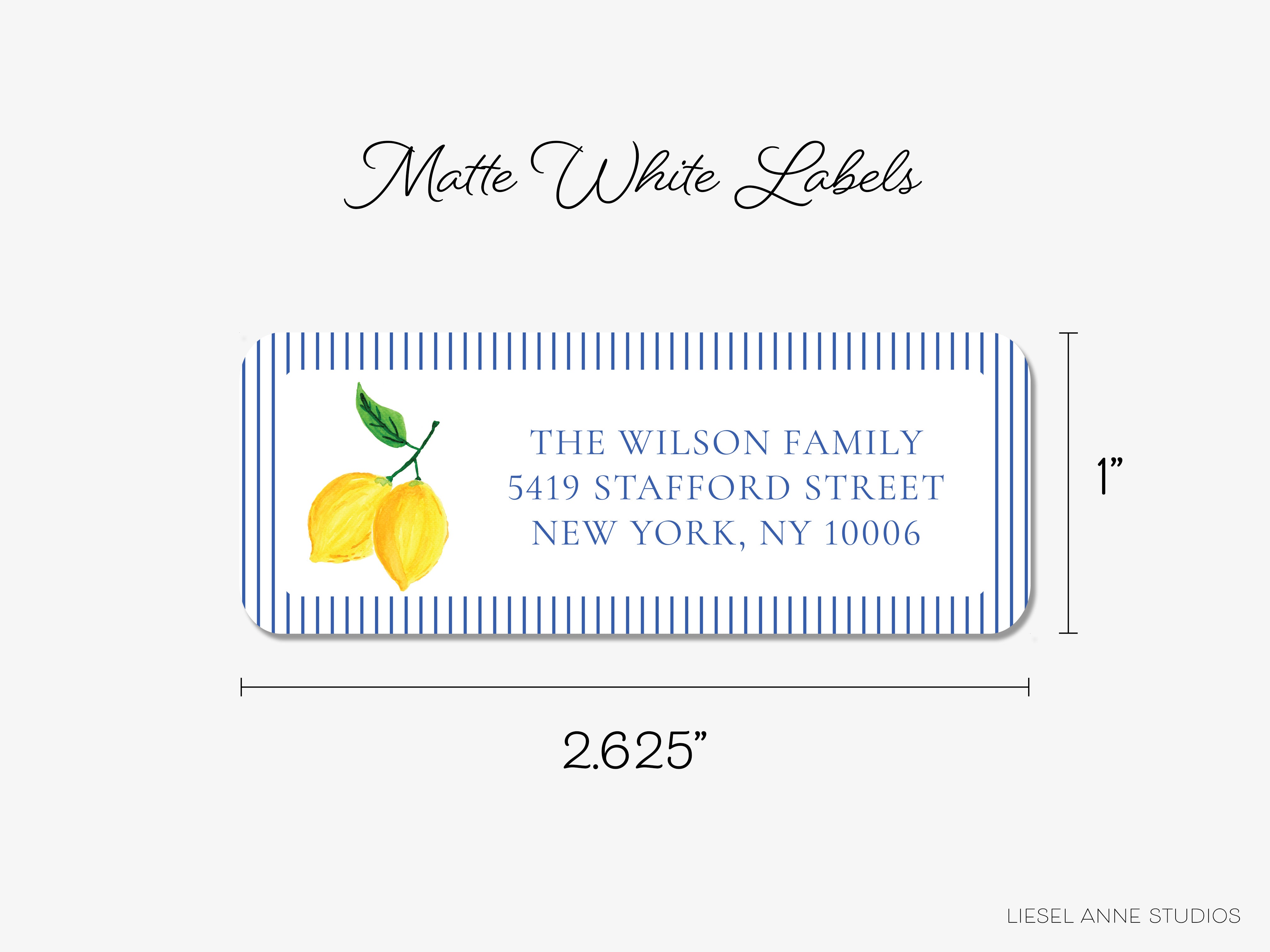 The image is a label for a package, with a blue and white striped border and a picture of lemons on it. The label is for "The Wilson Family" and is addressed to "The Wilson Family 5419 Stafford Street New York, NY 10006". The label is approximately 2.65 inches wide.