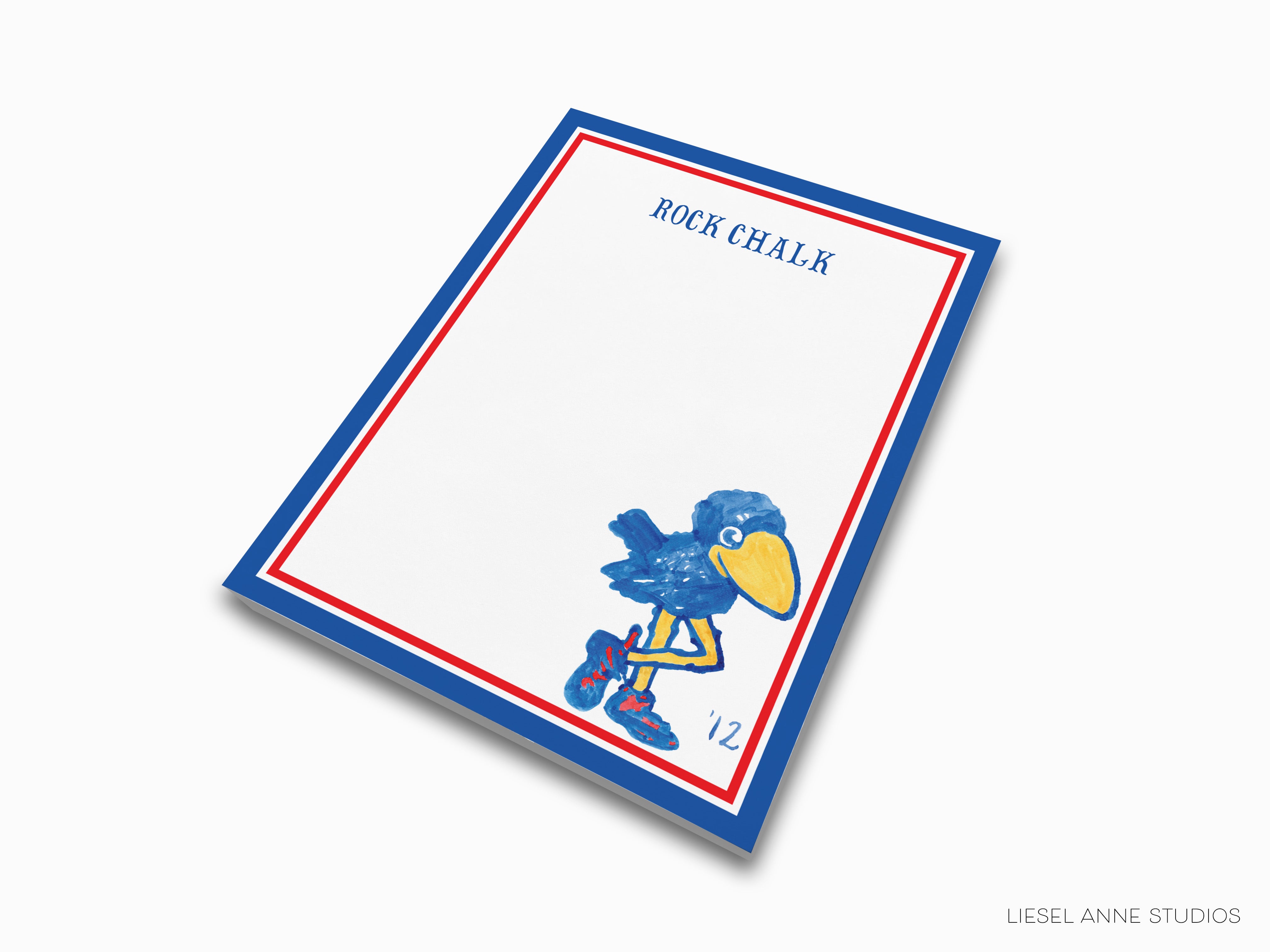 a blue bird with a yellow beak and feet, standing on a white background with a red and blue border.