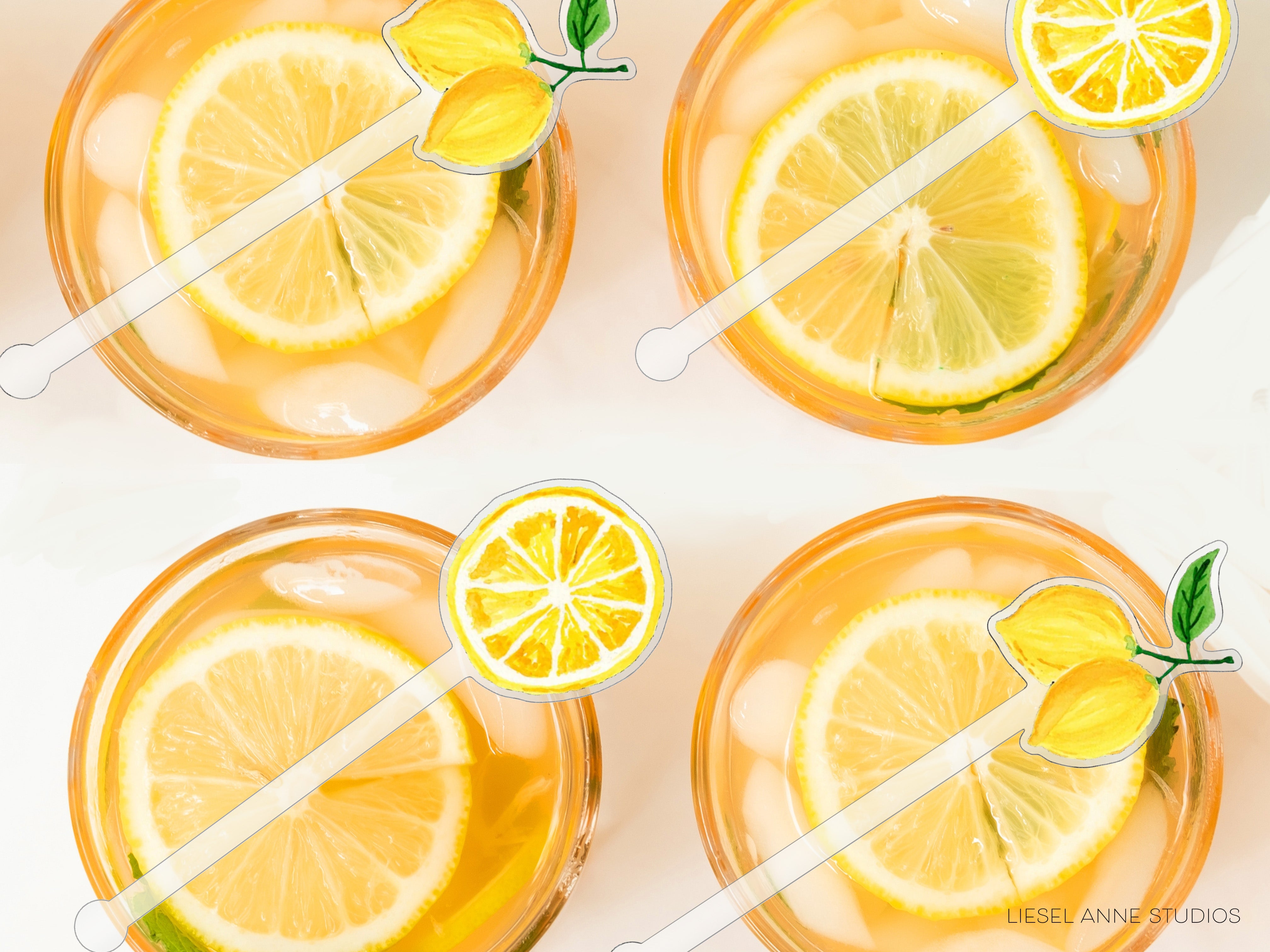 four glasses filled with a yellow liquid, each containing a slice of lemon. The glasses are accompanied by lemon-shaped straws.