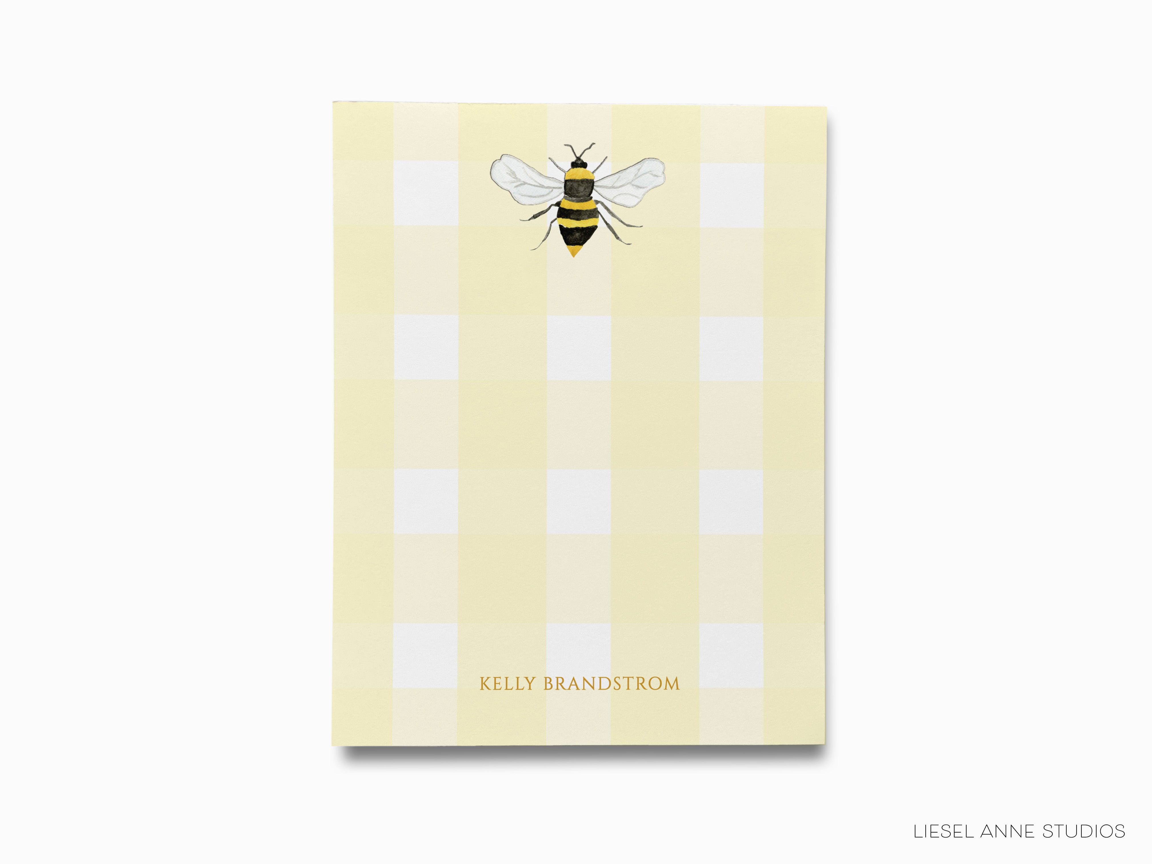 A yellow and white checkered background with a bee illustration in the center.