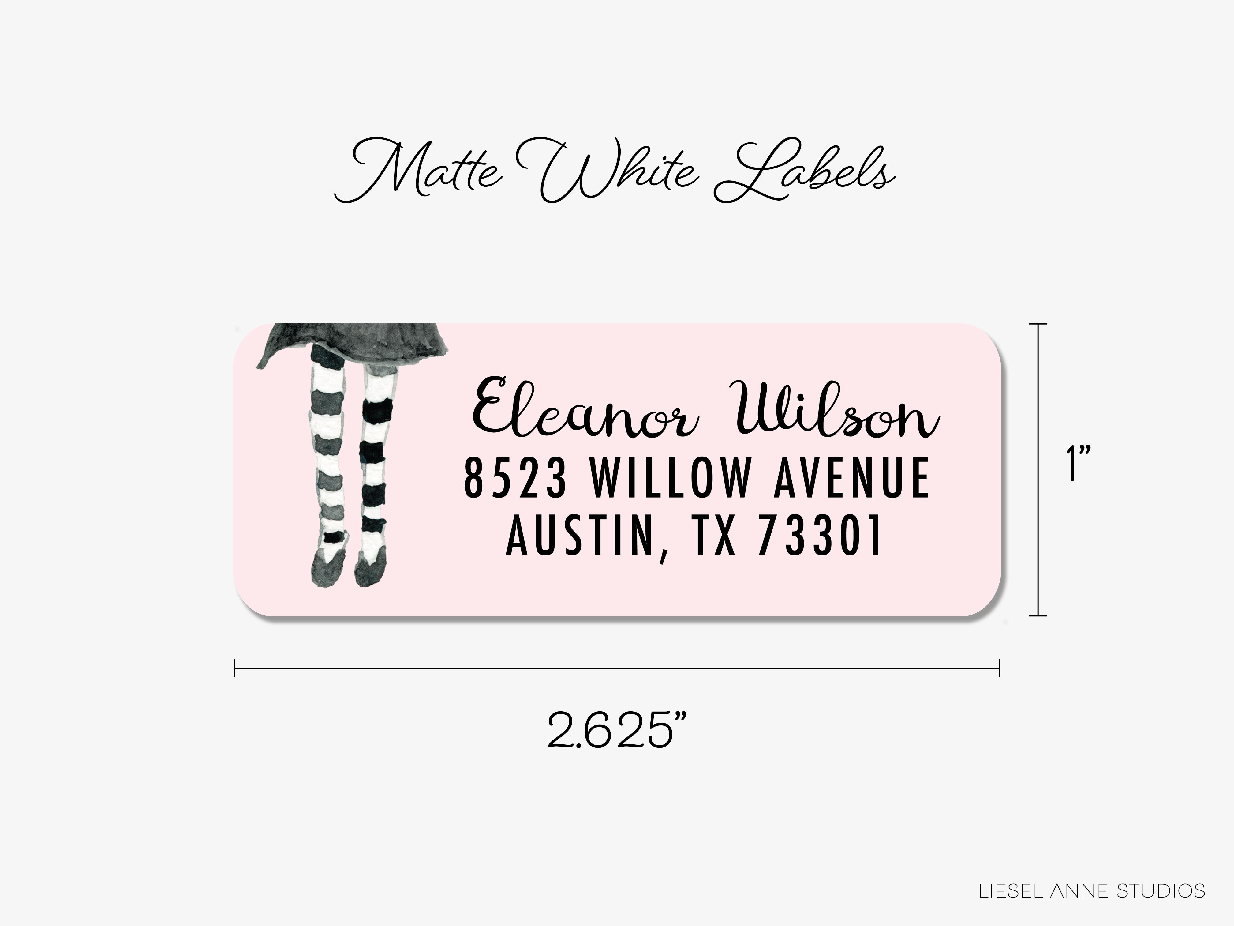 The image is a label for a label maker, featuring a design of a person wearing striped stockings and a pink background.