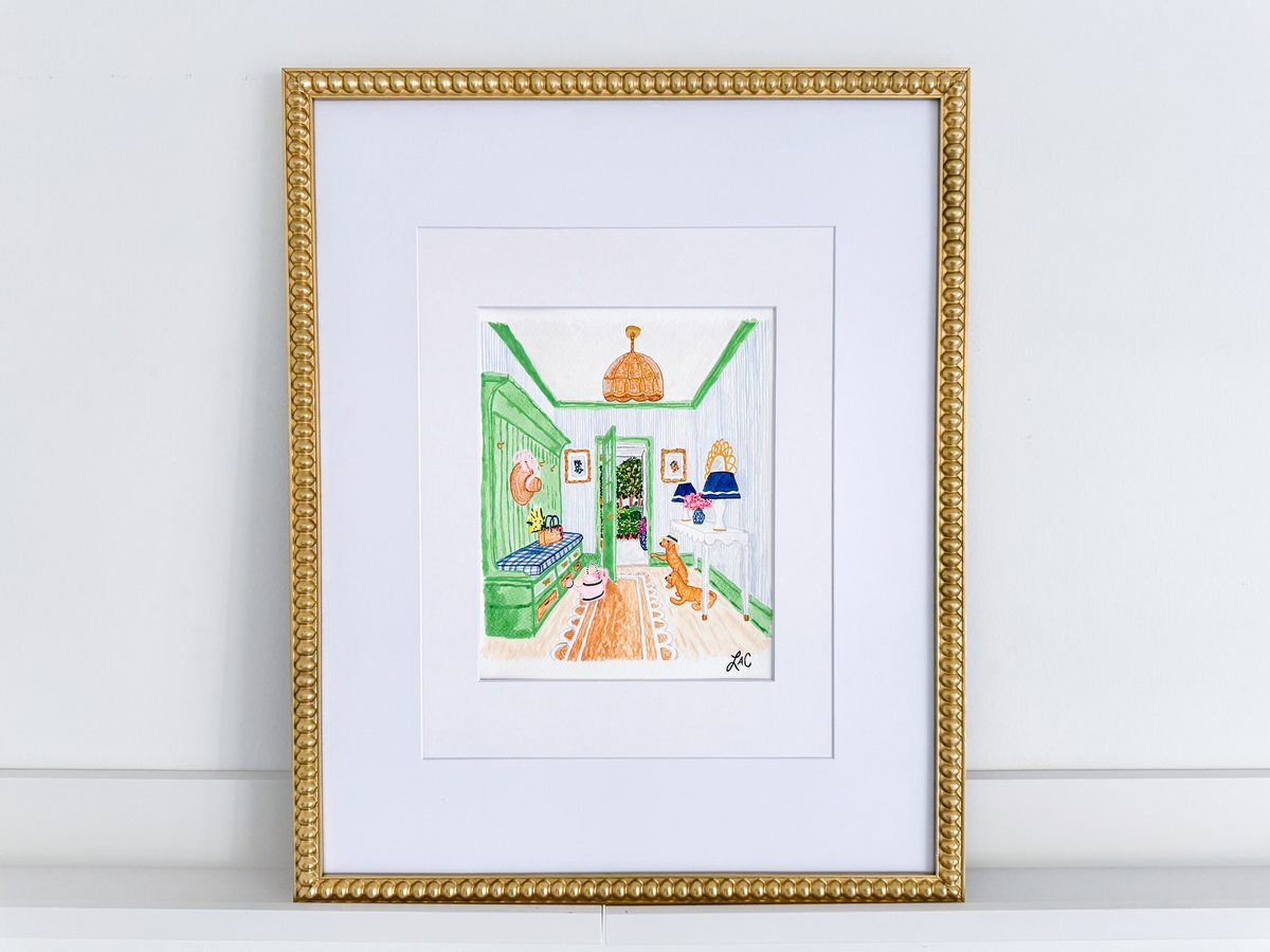a framed painting of a colorful and whimsical interior scene, including a green room, a red rug, and various decorative elements.
